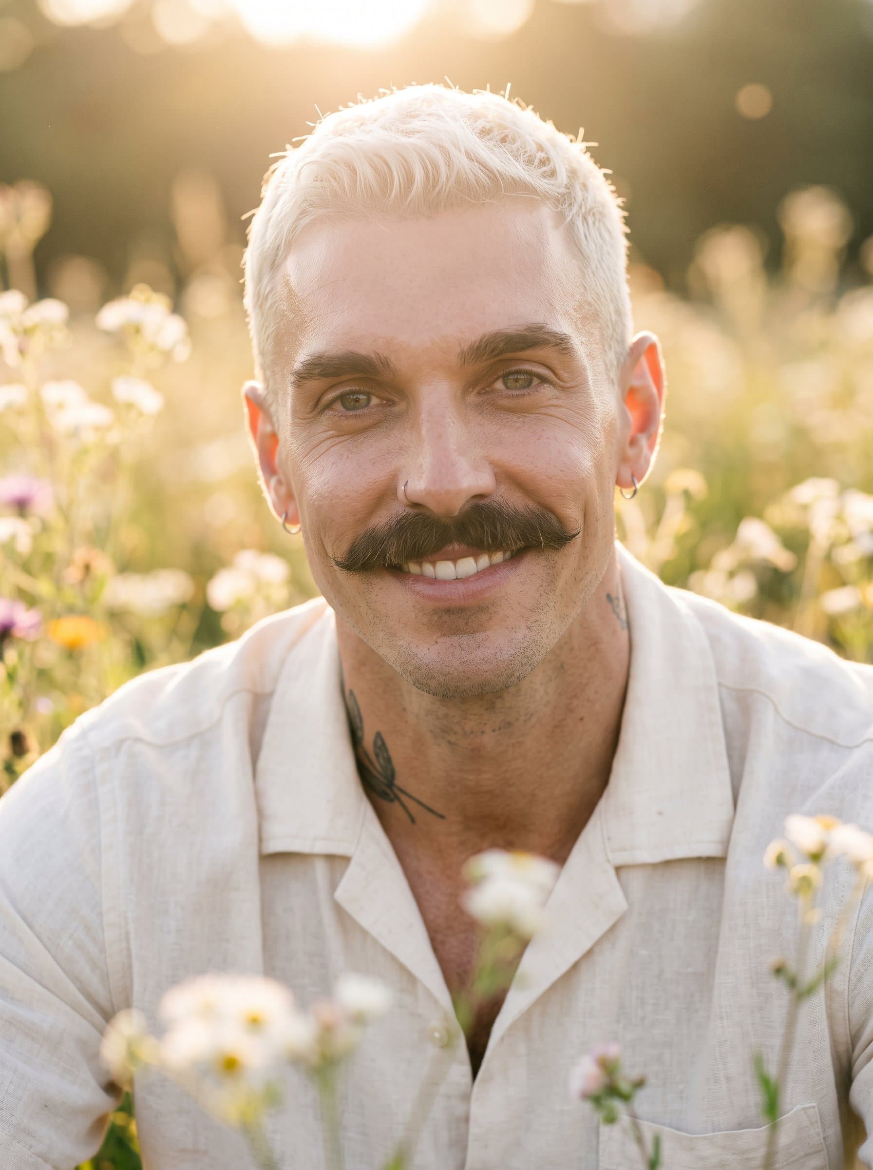 : Capture a headshot with a soft, romantic focus, set against a field of wildflowers, highlighting gentle features for a tender Tinder profile image.