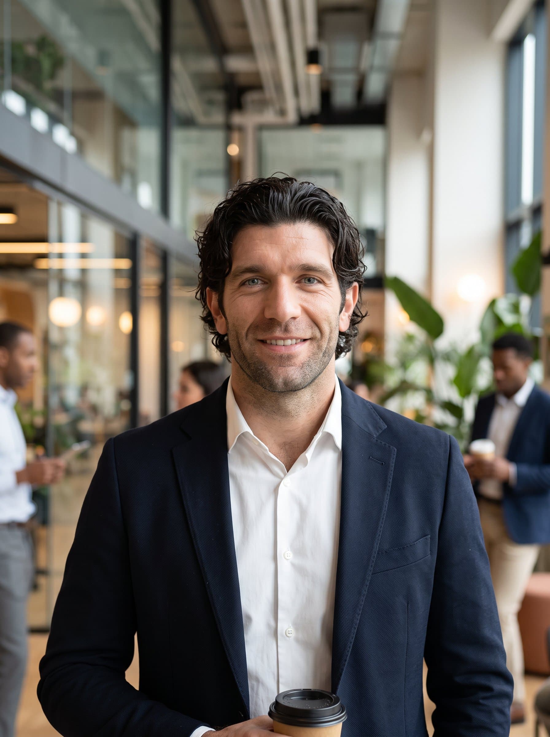 : Generate a photorealistic headshot in a chic office space, highlighting professionalism and style, ideal for a sophisticated and polished Tinder profile.