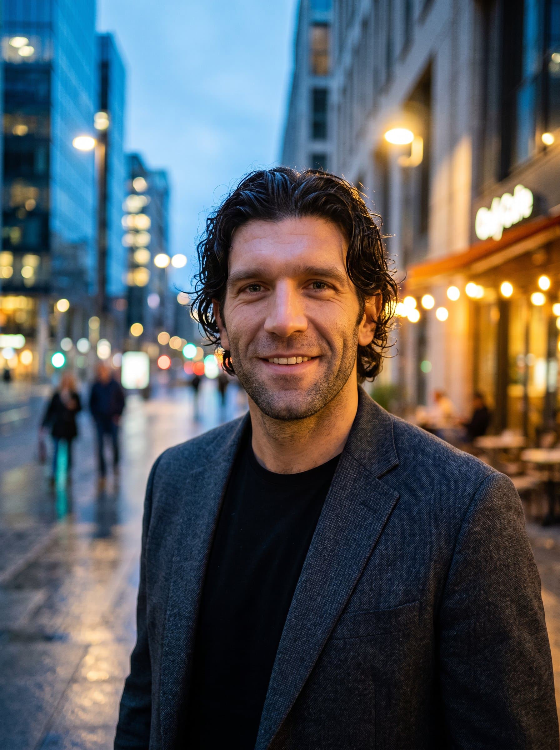 : Create a sharp, close-up headshot in an urban setting with dynamic lighting to highlight confidence and charisma, perfect for a modern and sophisticated Tinder profile.