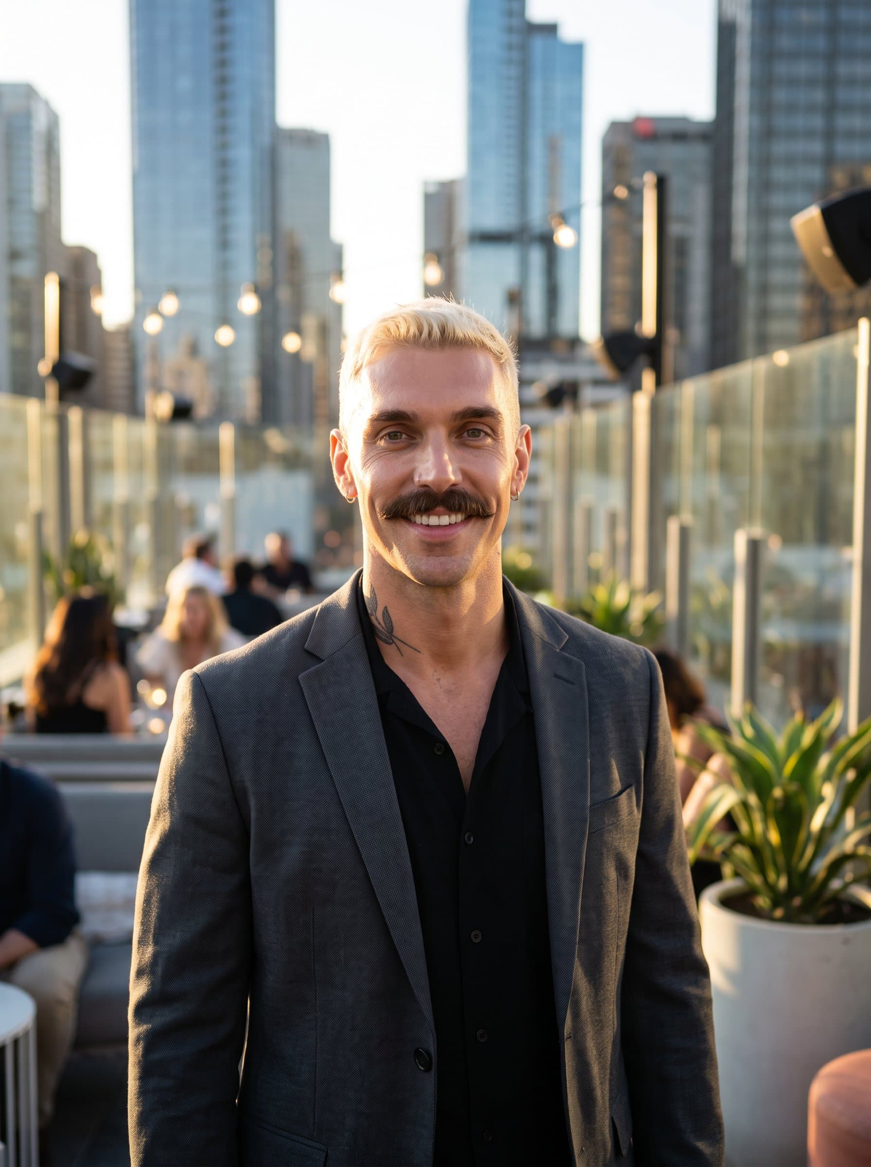 : Capture a photorealistic headshot in a fashionable rooftop setting, emphasizing modernity and elegance, perfect for a stylish and confident Tinder profile.