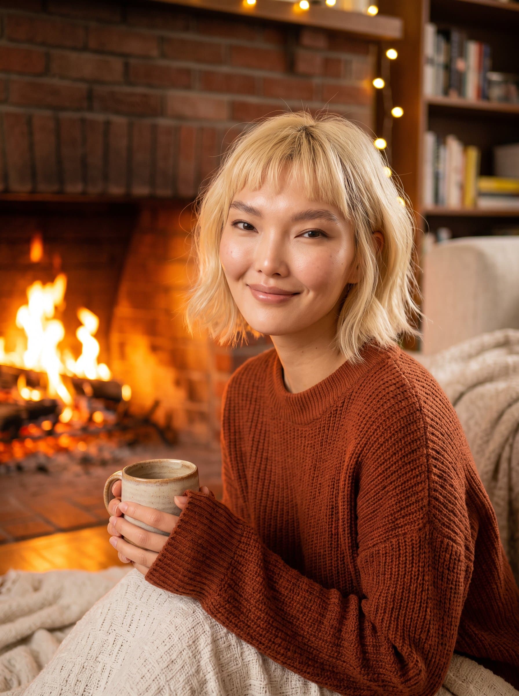 : Create a cozy, indoor headshot by the fireplace, emphasizing warmth and gentleness, to convey comfort and friendliness in a Tinder profile picture.