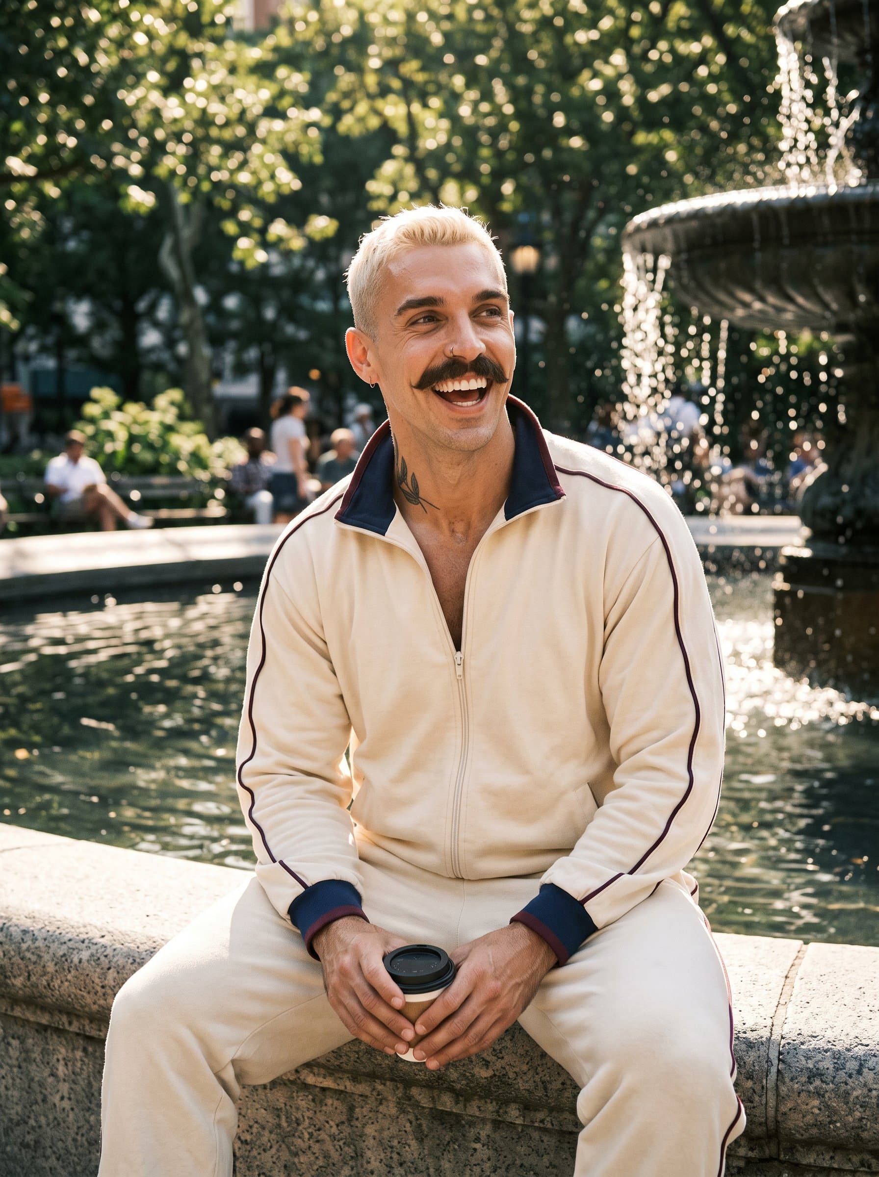 : Create a natural, playful outdoor portrait by a city park fountain, with dappled sunlight filtering through trees, perfect for a vibrant Tinder profile image.