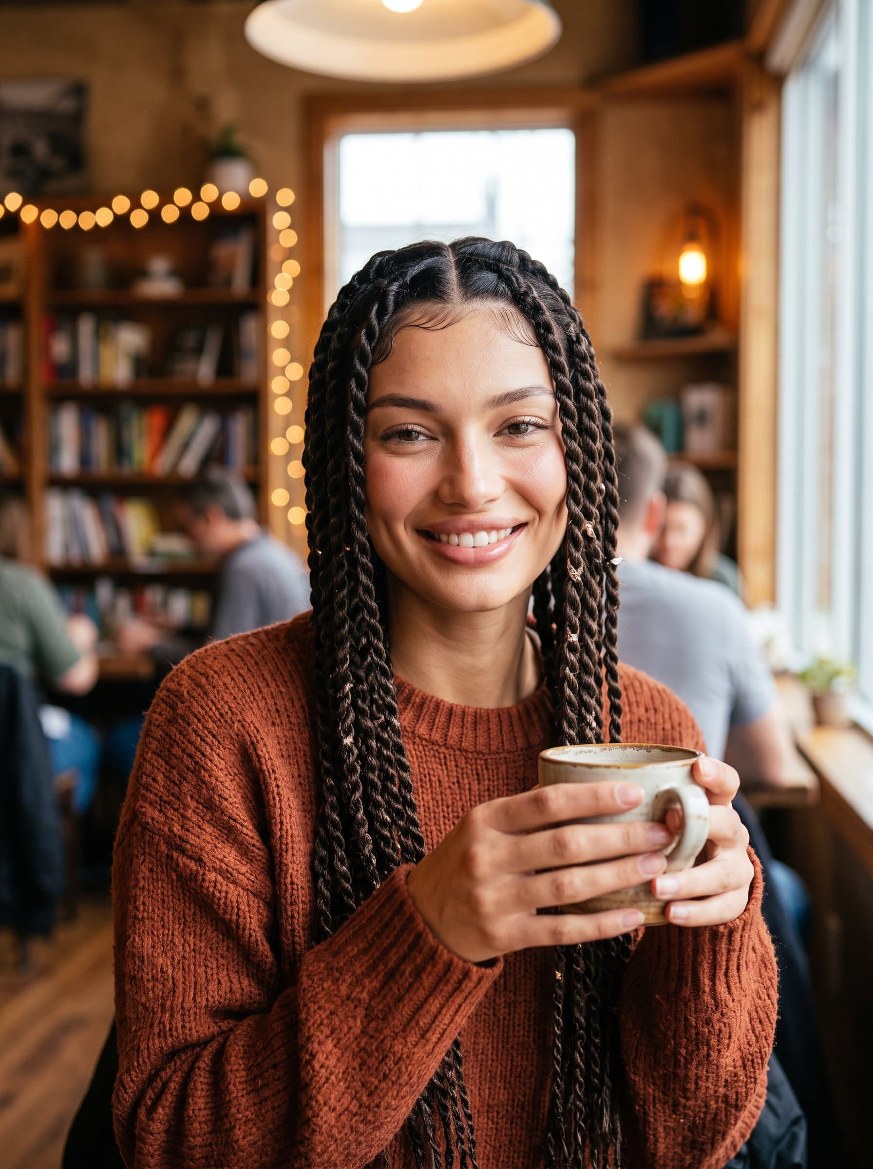 : Capture a headshot reflecting a relaxed atmosphere in a cozy, softly lit coffee shop, emphasizing warmth and approachability for a friendly Tinder profile picture.