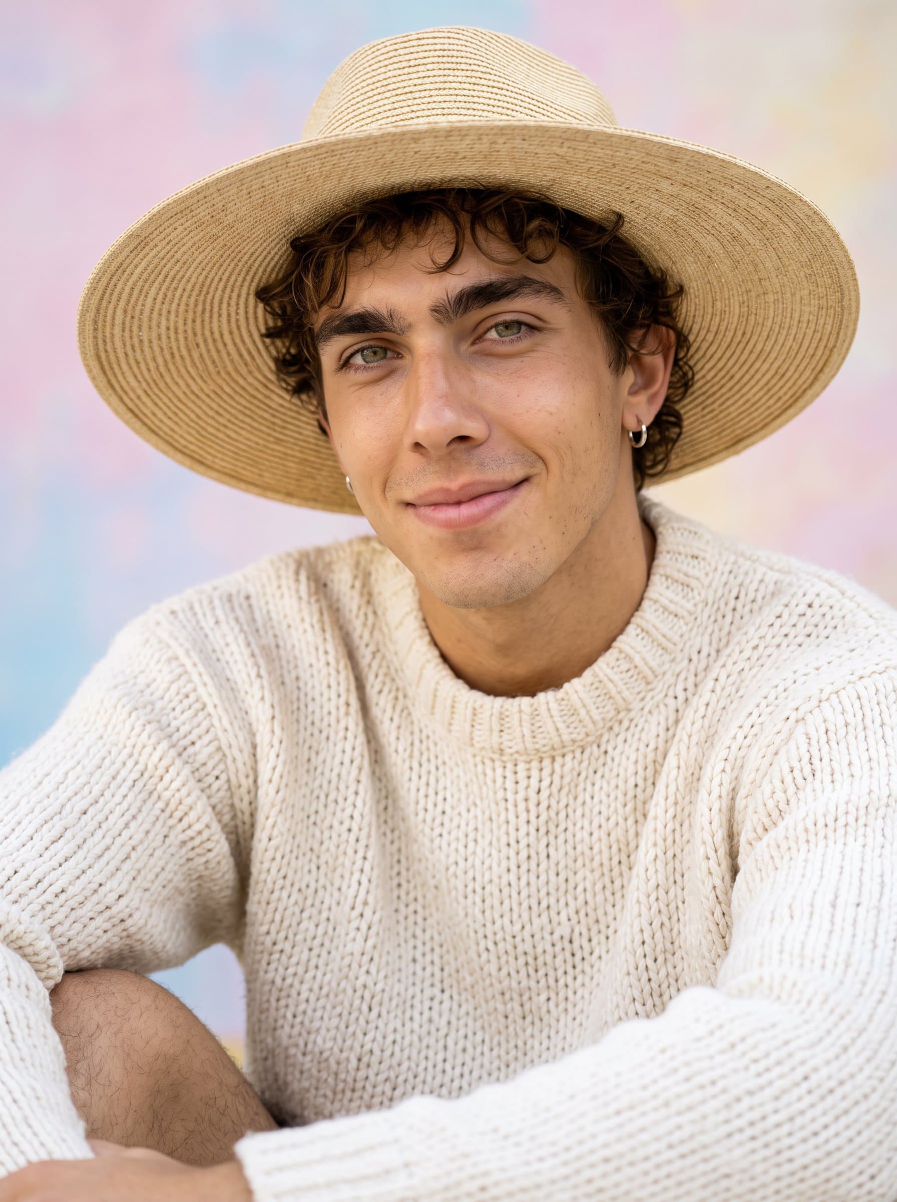 Generate a against a soft pastel backdrop with a gentle expression. The man wears a cozy sweater, exuding a warm, inviting aura with eyes that convey sincerity and openness.