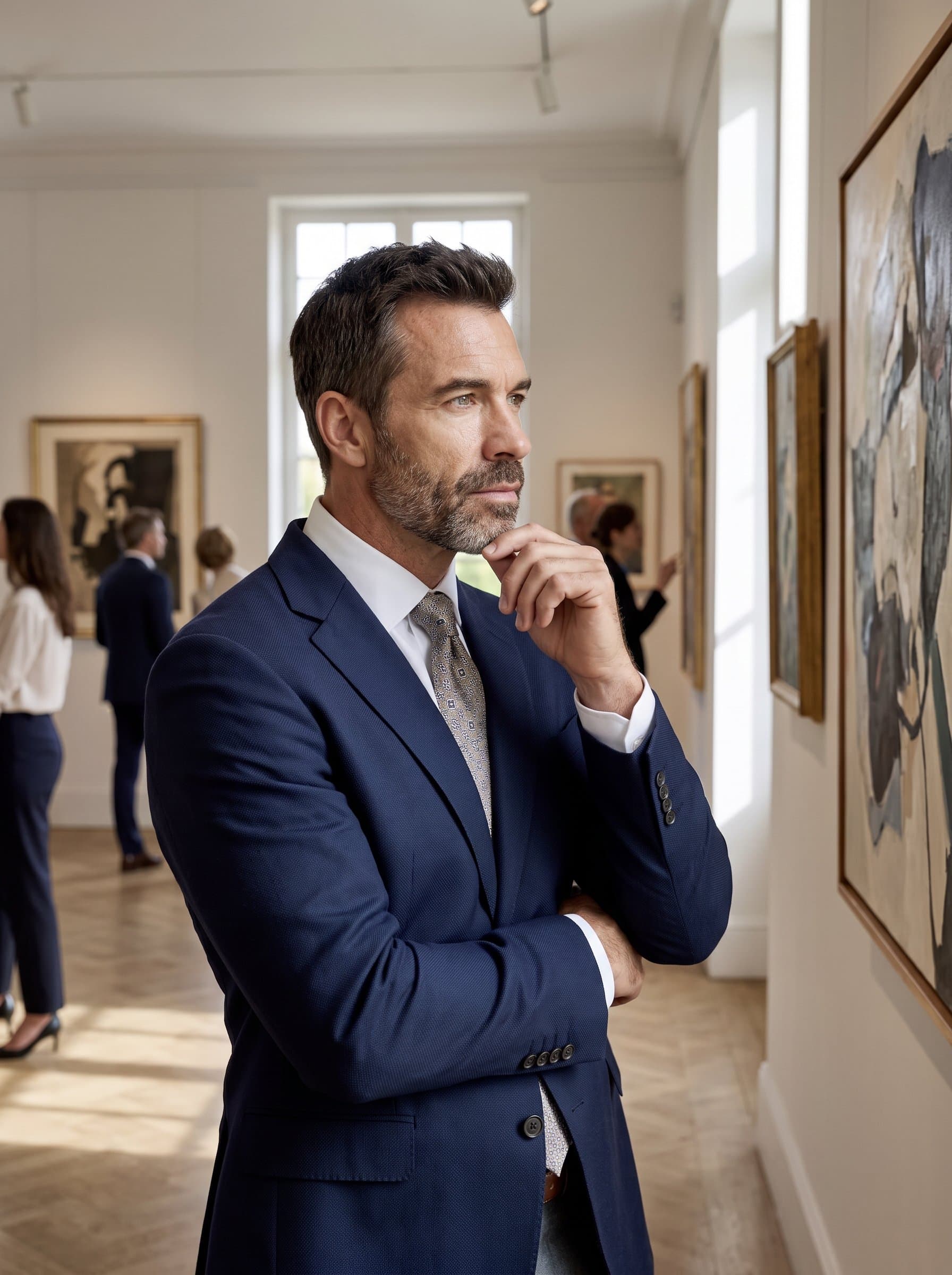 Create a with a backdrop of an elegant art gallery. The man is smartly dressed, with a thoughtful expression, exuding sophistication and a keen interest in culture.