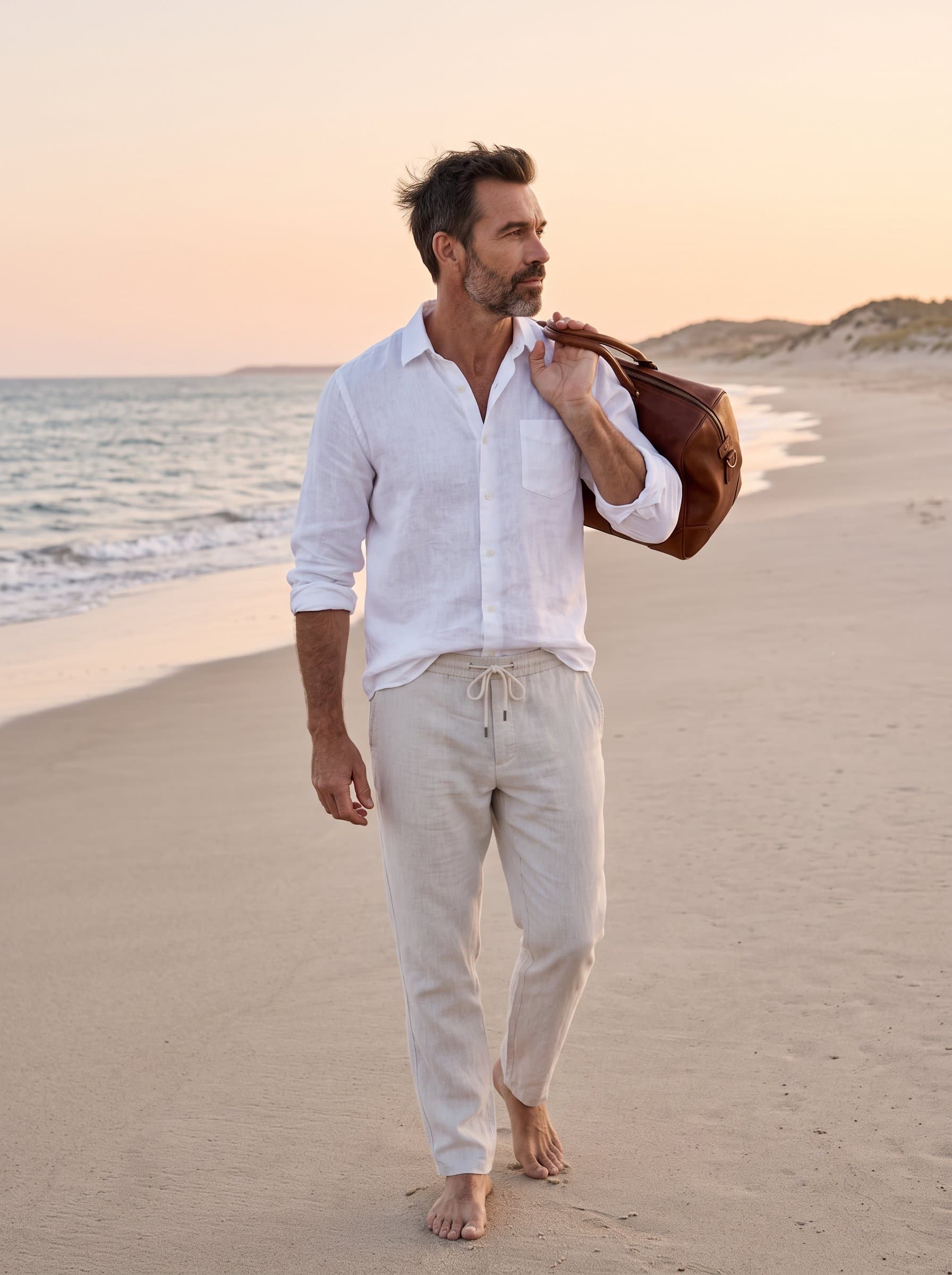 Design a featuring a serene, minimalist beach setting. The man wears light, breathable clothing, with wind tousling their hair, conveying a sense of adventure and calmness.