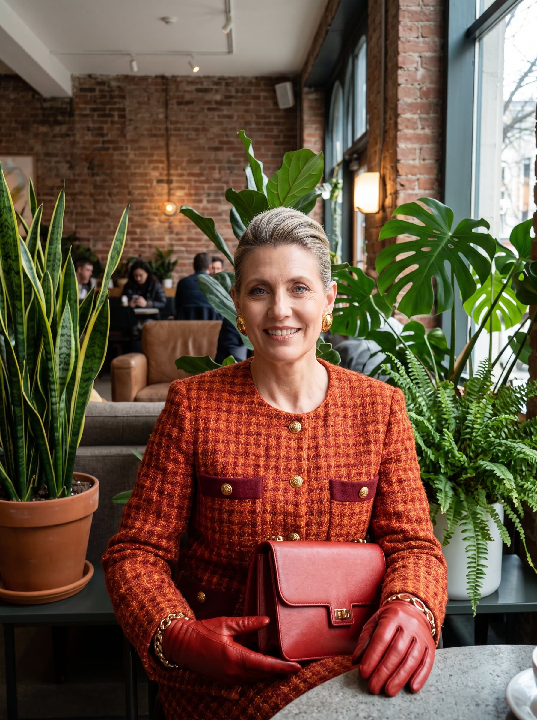 Create a set in a chic urban café, with soft, natural light. The woman is dressed smartly, with a subtle smile that suggests confidence and approachability, framed by vibrant indoor plants.