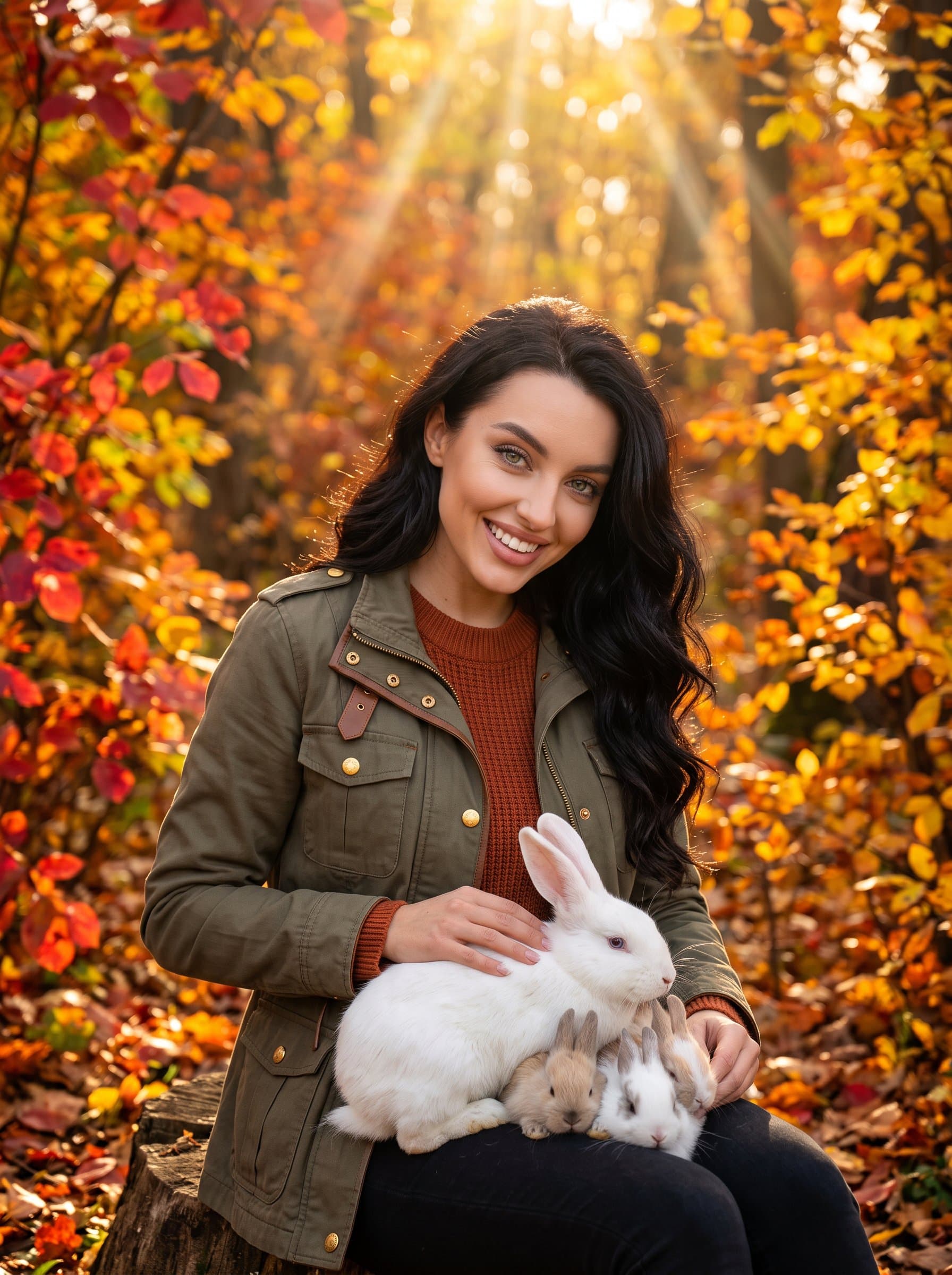Illustrate a amid an autumn forest. The woman is dressed in a stylish jacket, surrounded by vivid fall colors. Their cheerful expression matches the vibrant environment, exuding warmth.