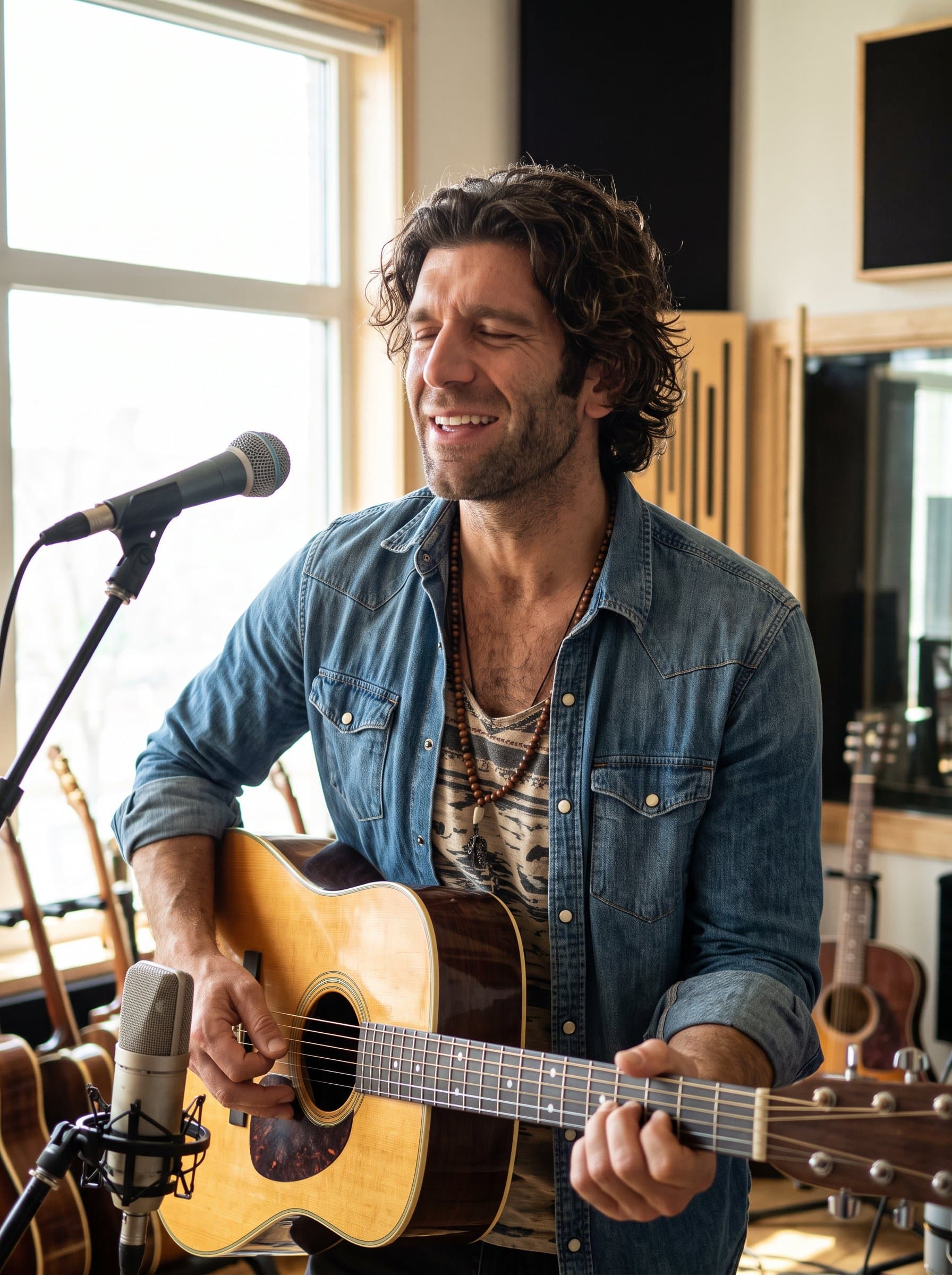 Craft a in a sunlit music studio. The man holds a guitar, wearing casual, artsy clothing, with a passionate expression, hinting at a musical talent and creative spirit.