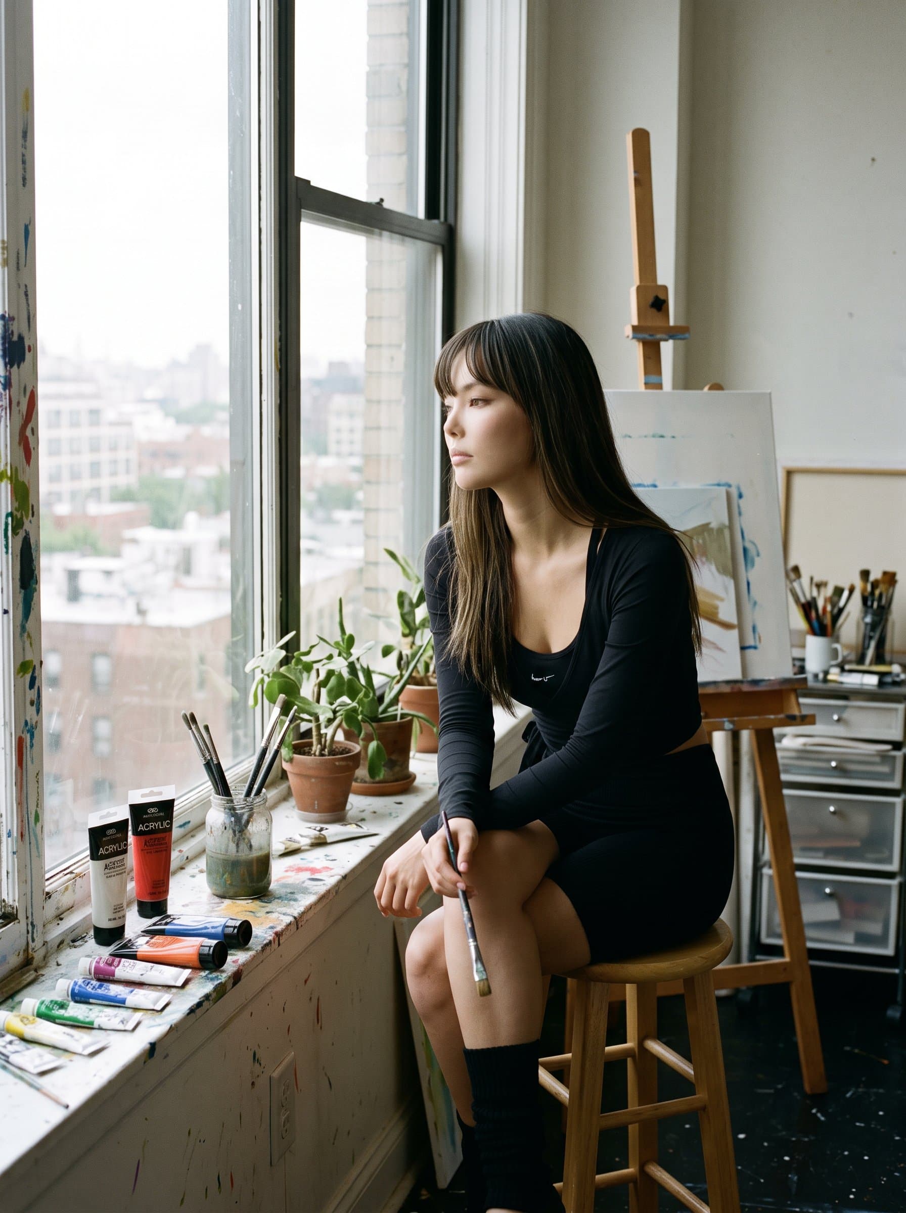 Produce a with the woman seated by a window in an art studio. The creative environment complements their thoughtful expression, offering a glimpse into their artistic personality.