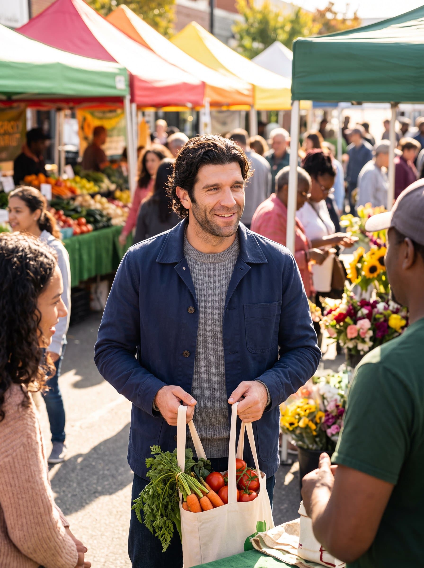 Create a featuring a sunny, colorful farmer's market. The man is dressed in casual, comfortable clothing, with a friendly smile, suggesting an appreciation for fresh, local produce and community.
