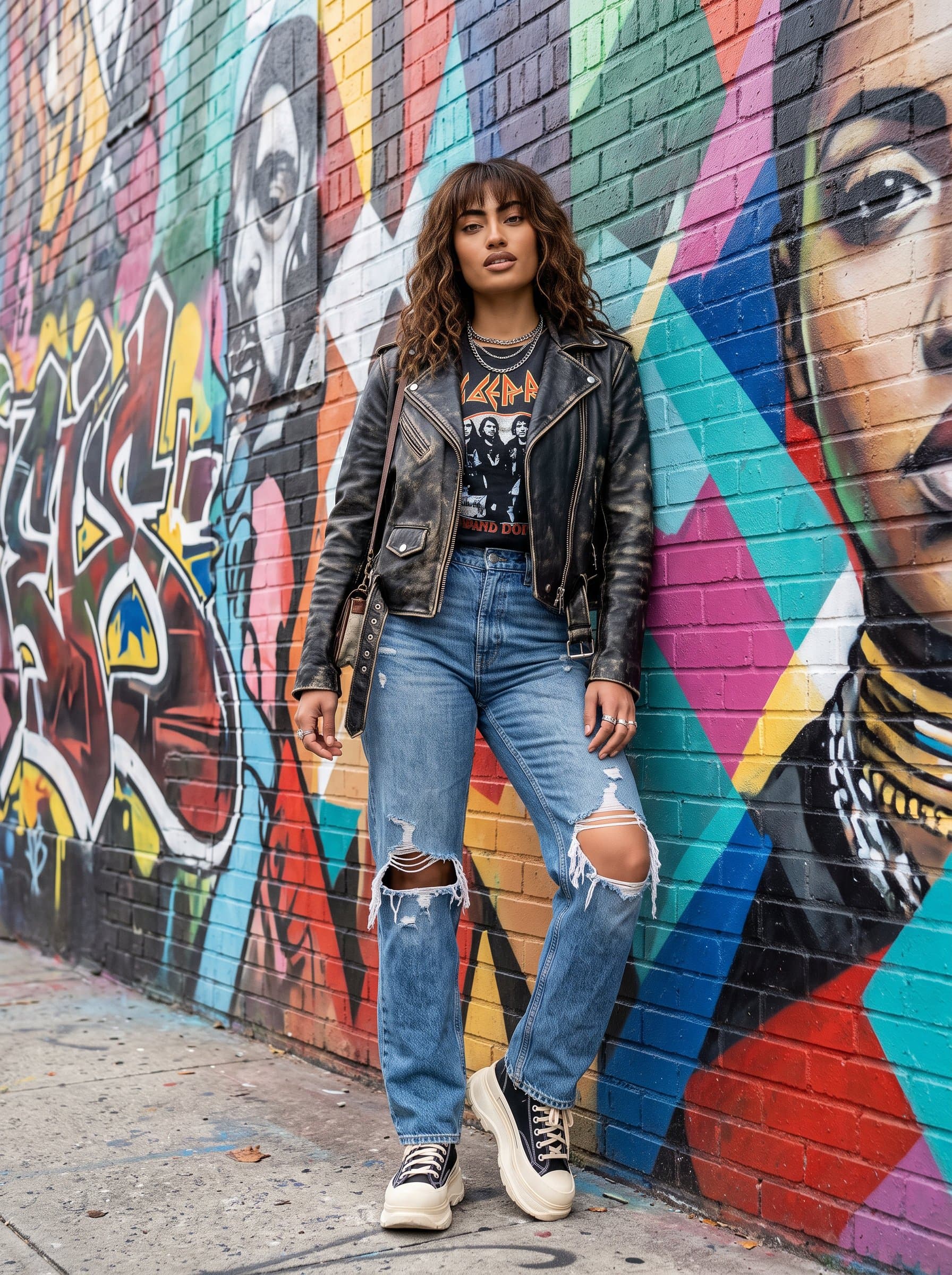 Produce a set in front of a stylish urban mural. The woman's attire is modern and edgy, with a confident stance, reflecting a creative, contemporary personality.