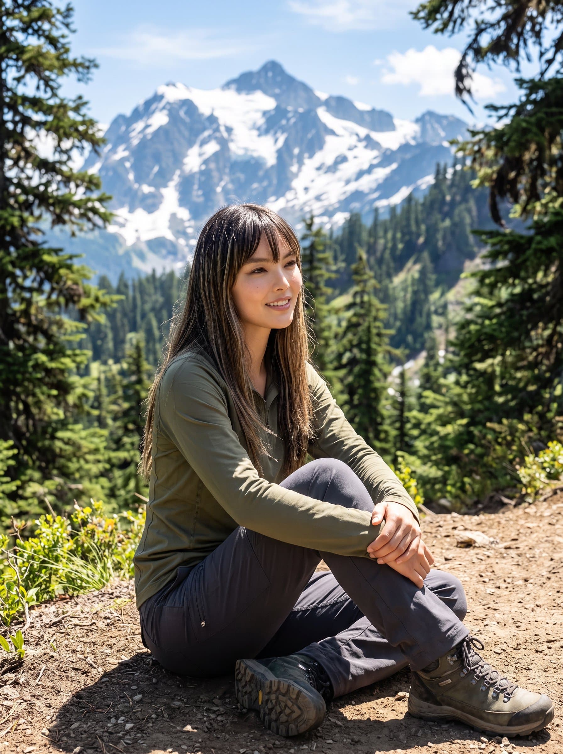 Generate a with a peaceful mountain vista in the background. The woman is in casual, practical wear, with a serene expression, exuding tranquility and a love for the outdoors.