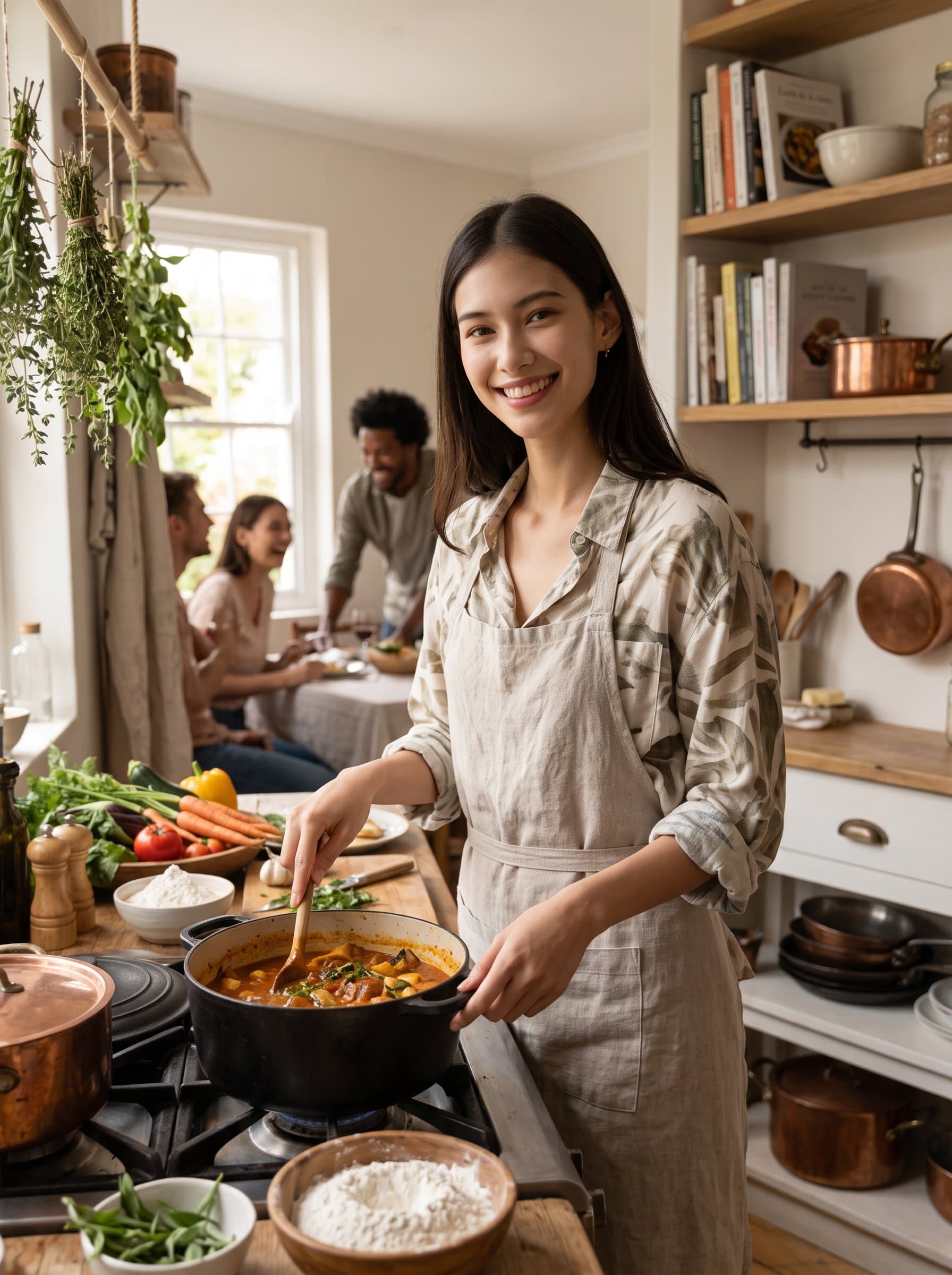 Generate a in a cozy kitchen setting, the woman is surrounded by cooking elements. Their smile is inviting, suggesting culinary skills and a passion for sharing meals with friends.