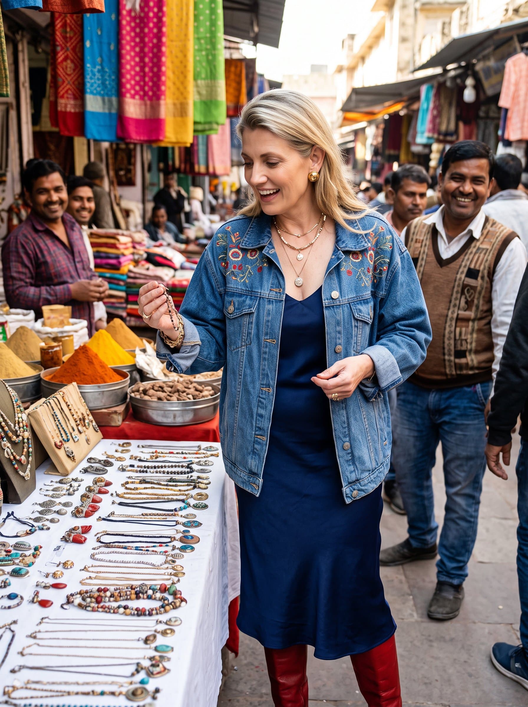 Compose a featuring a vibrant street market scene. The woman's attire is trendy, with a look of intrigue and enjoyment, reflecting a zest for life and cultural appreciation.
