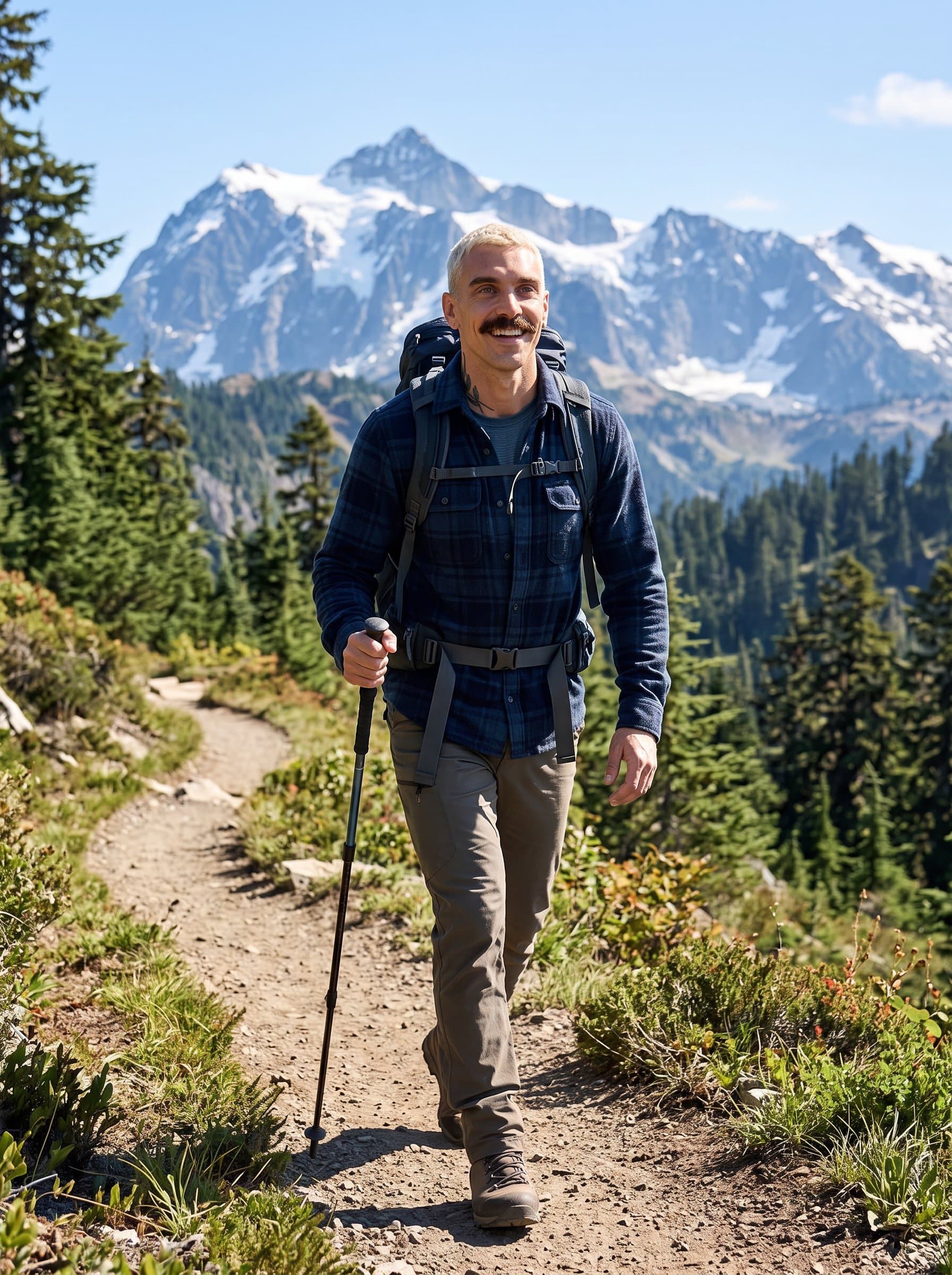 Design a taken on a picturesque hiking trail. The man is in casual, outdoor gear, with a joyful, determined expression, reflecting a love for nature and adventure.