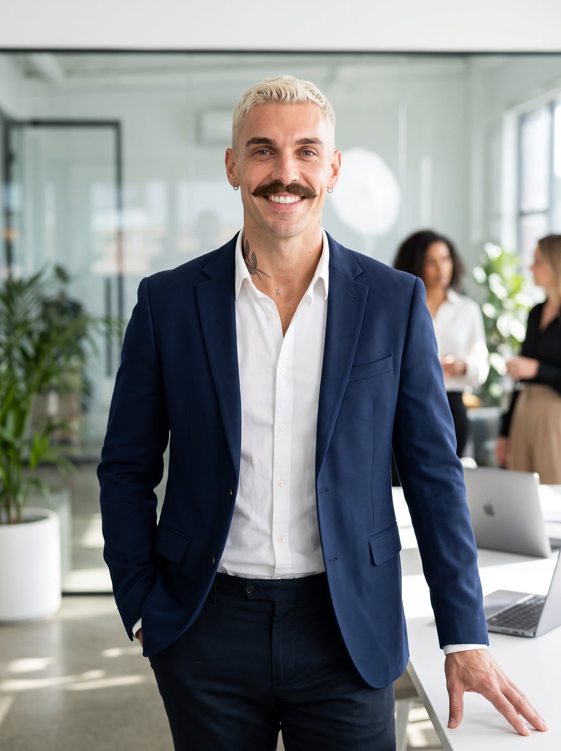 Develop a in a modern office space, emphasizing a professional yet friendly demeanor. The man is neatly dressed, exuding competence and warmth, perfect for making a lasting impression.