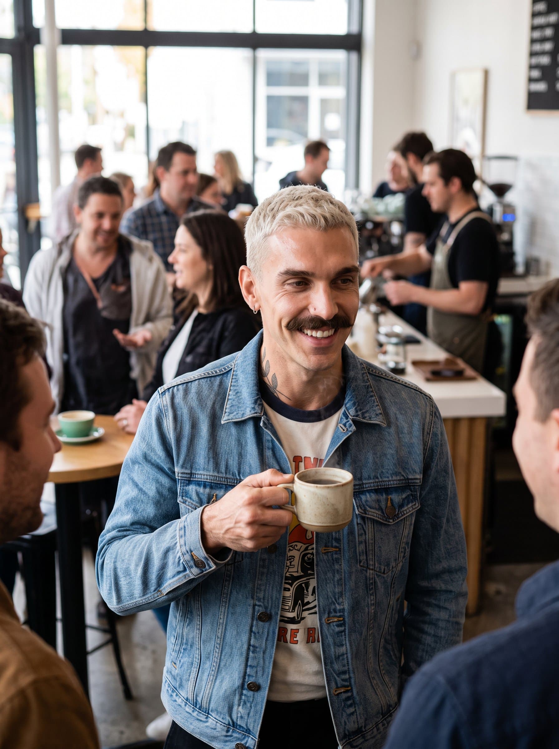 Develop a at a bustling coffee shop. The man is casually dressed, holding a steaming cup, with a content smile that speaks to a love for socializing and a lively spirit.
