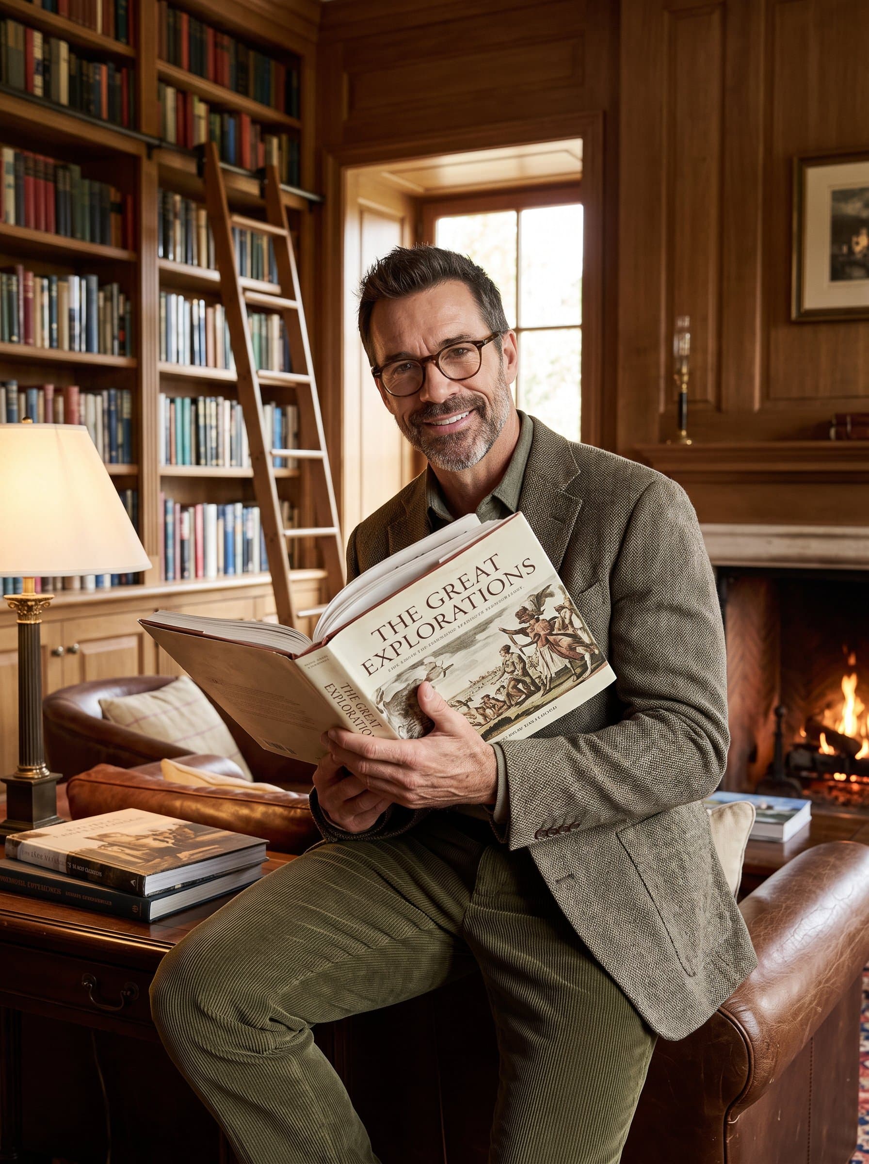 Craft a with a cozy library background. The man holds a book, dressed in casual, intellectual style. Their expression is curious and inviting, suggesting a love for knowledge and exploration.