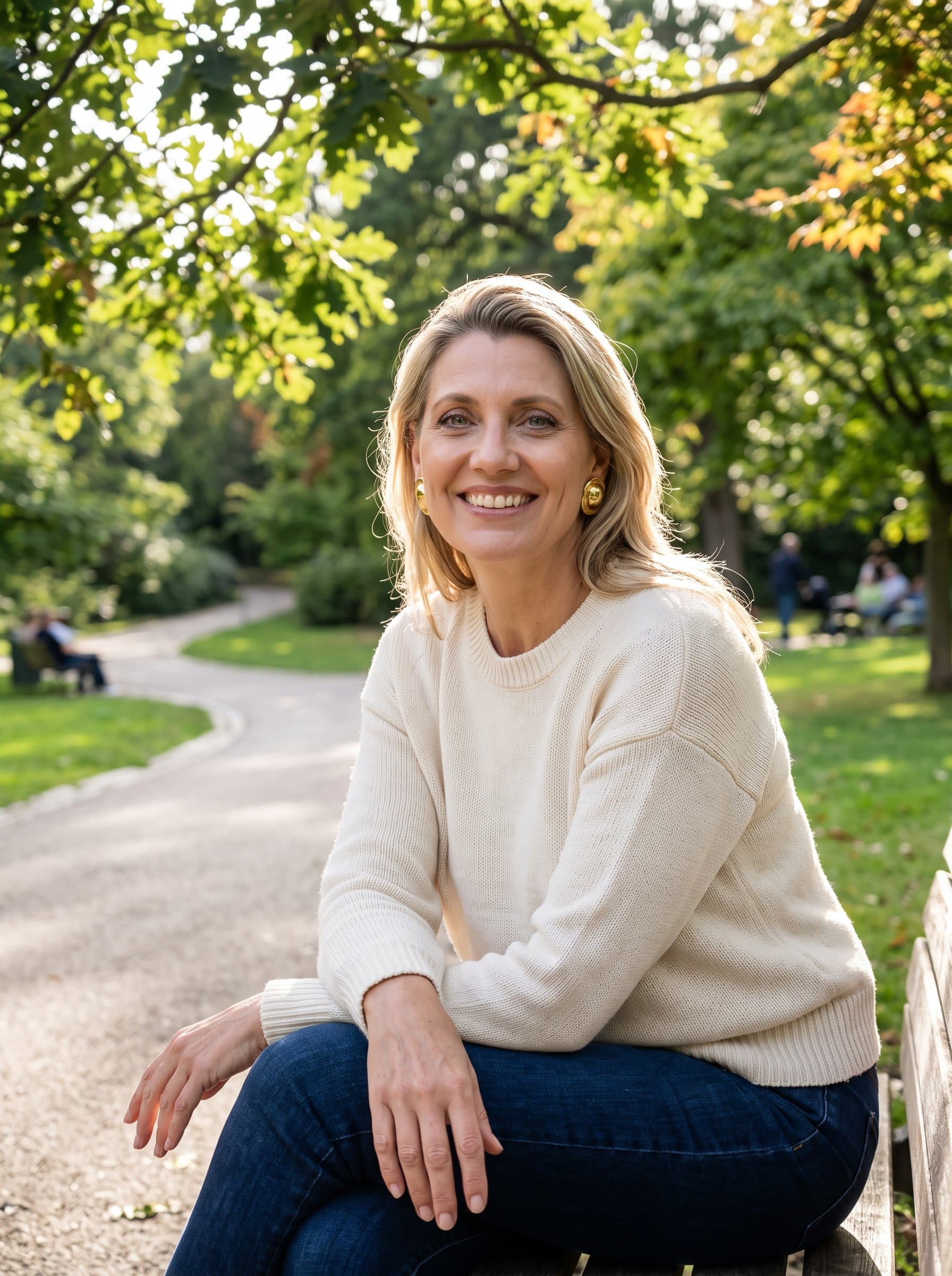 Capture a showcasing warm sunlight filtering through a lush park, highlighting a friendly smile. The woman, wearing casual attire, appears approachable and relaxed with a slight tilt of the head.
