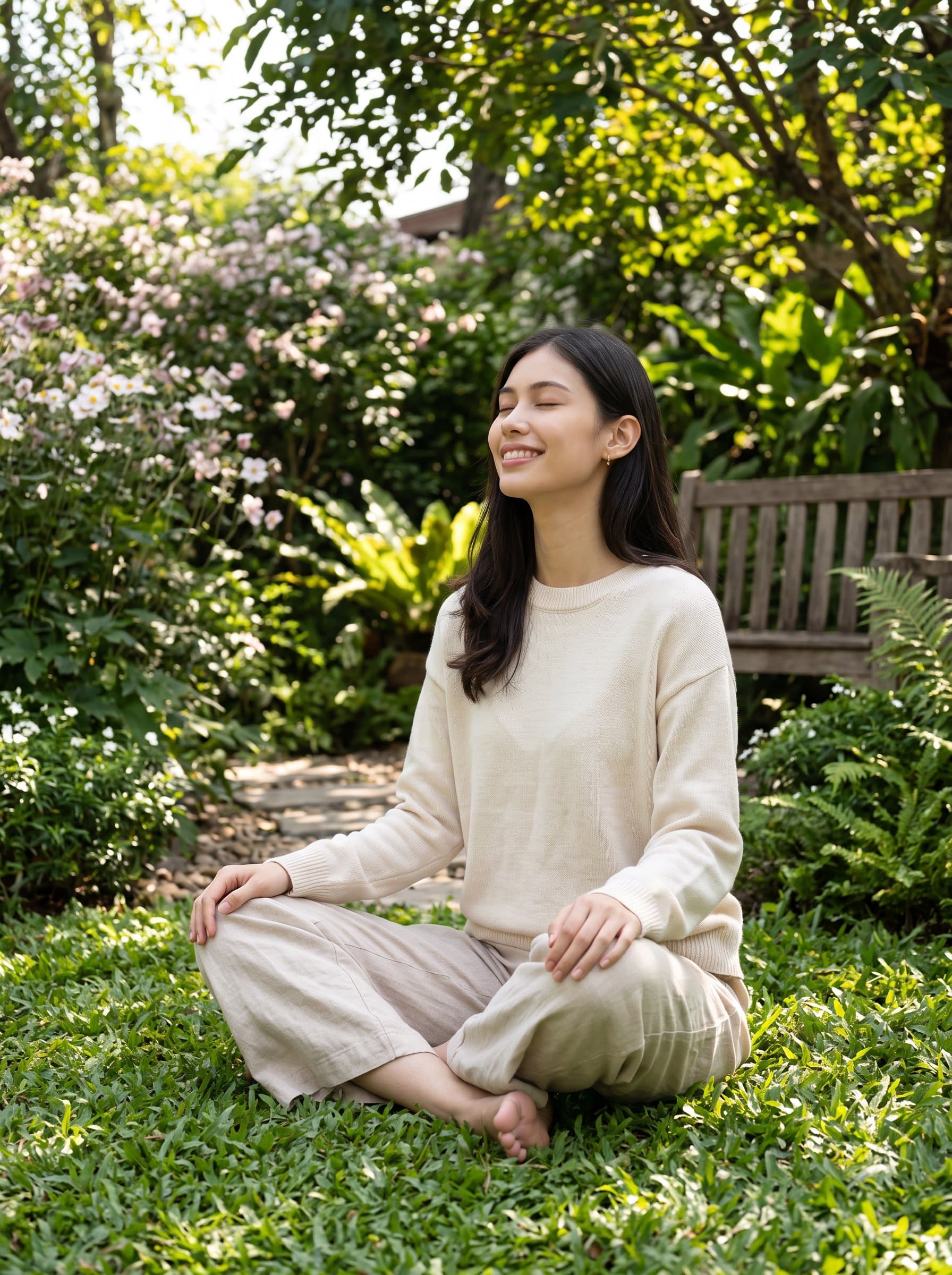 Illustrate a in a tranquil garden. The woman is seated barefoot on the grass, dressed in comfortable attire, with a peaceful smile, suggesting a grounding connection with nature.