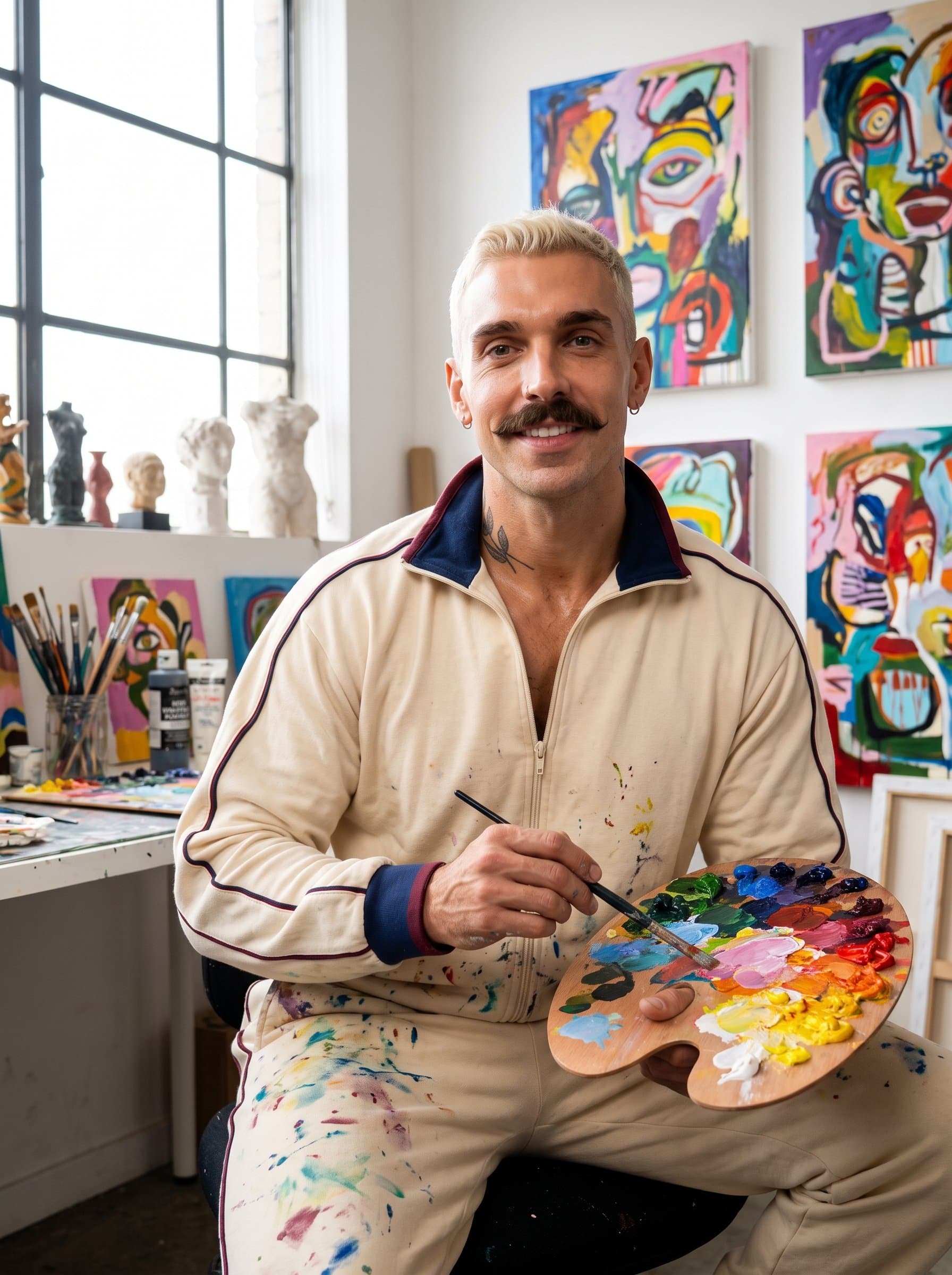 Portray the in an art studio, with a palette in hand and colorful canvases in the background. The creative environment highlights an artistic and imaginative personality.