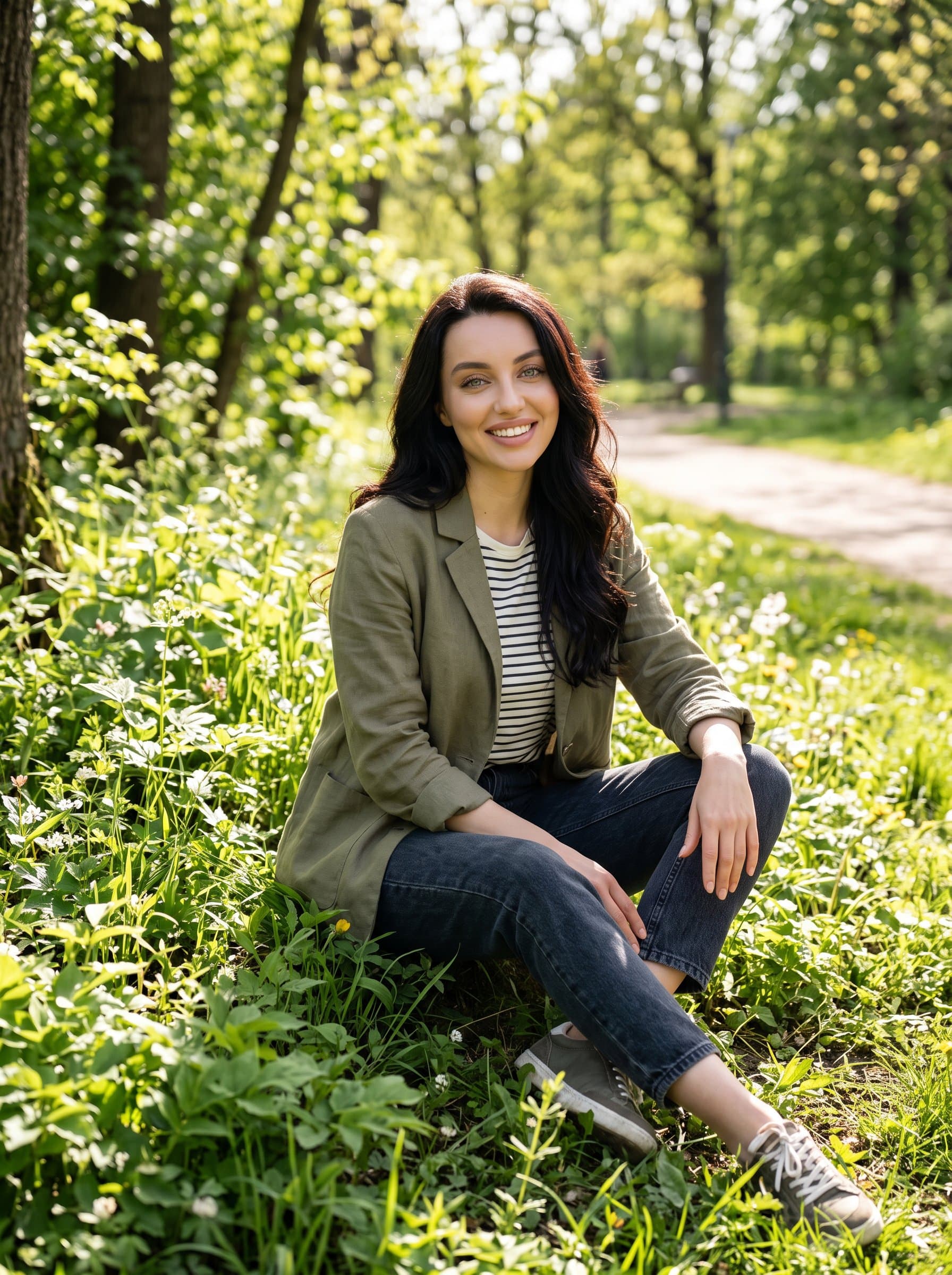 Capture the in a sunlit park, wearing casual outdoor attire. Smile warmly at the camera, surrounded by lush greenery to convey a vibrant and approachable personality.