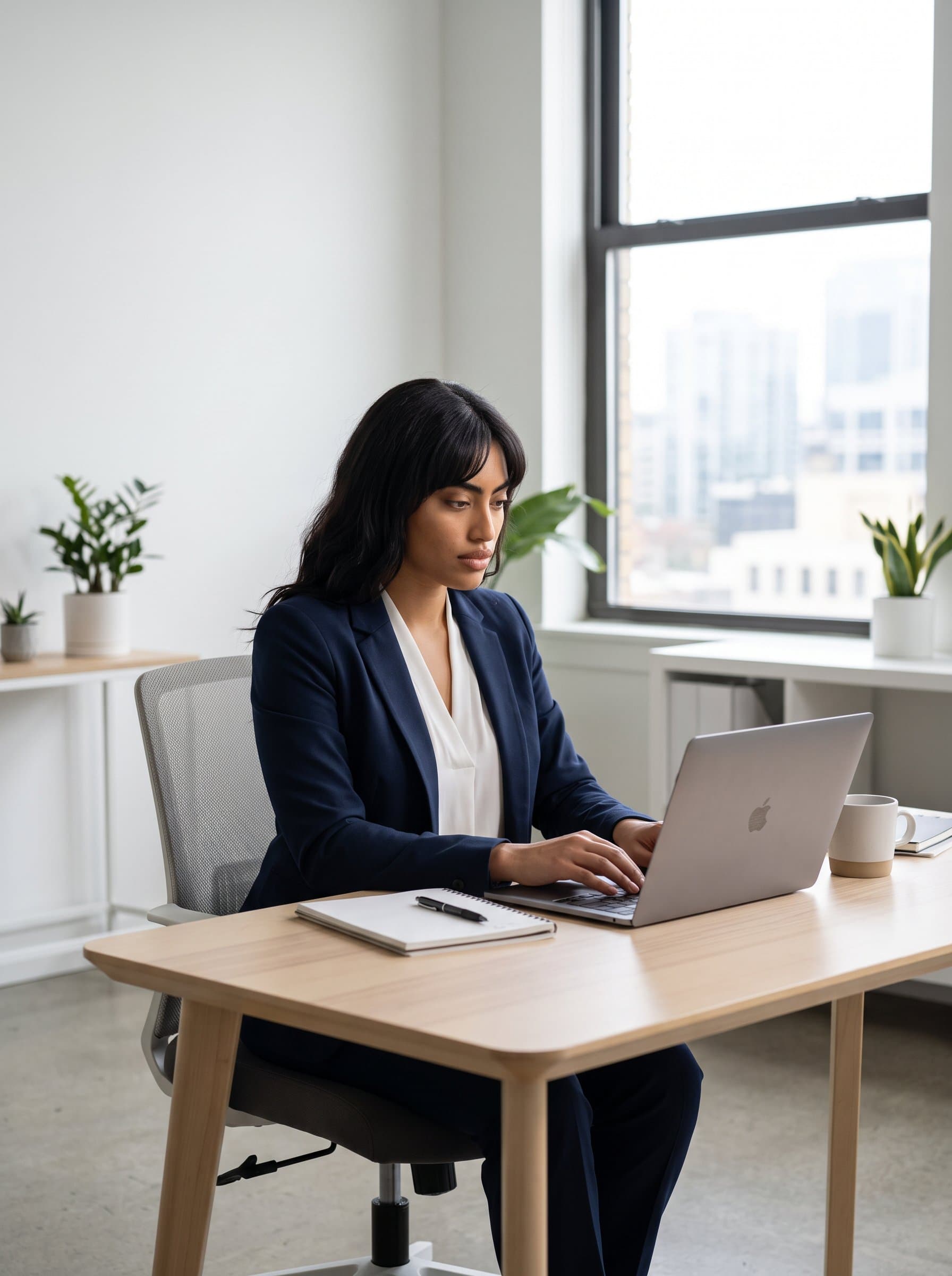 Present the in a modern, minimalist office space, seated at a desk with a laptop. Professional attire and a focused expression suggest a career-oriented and organized nature.