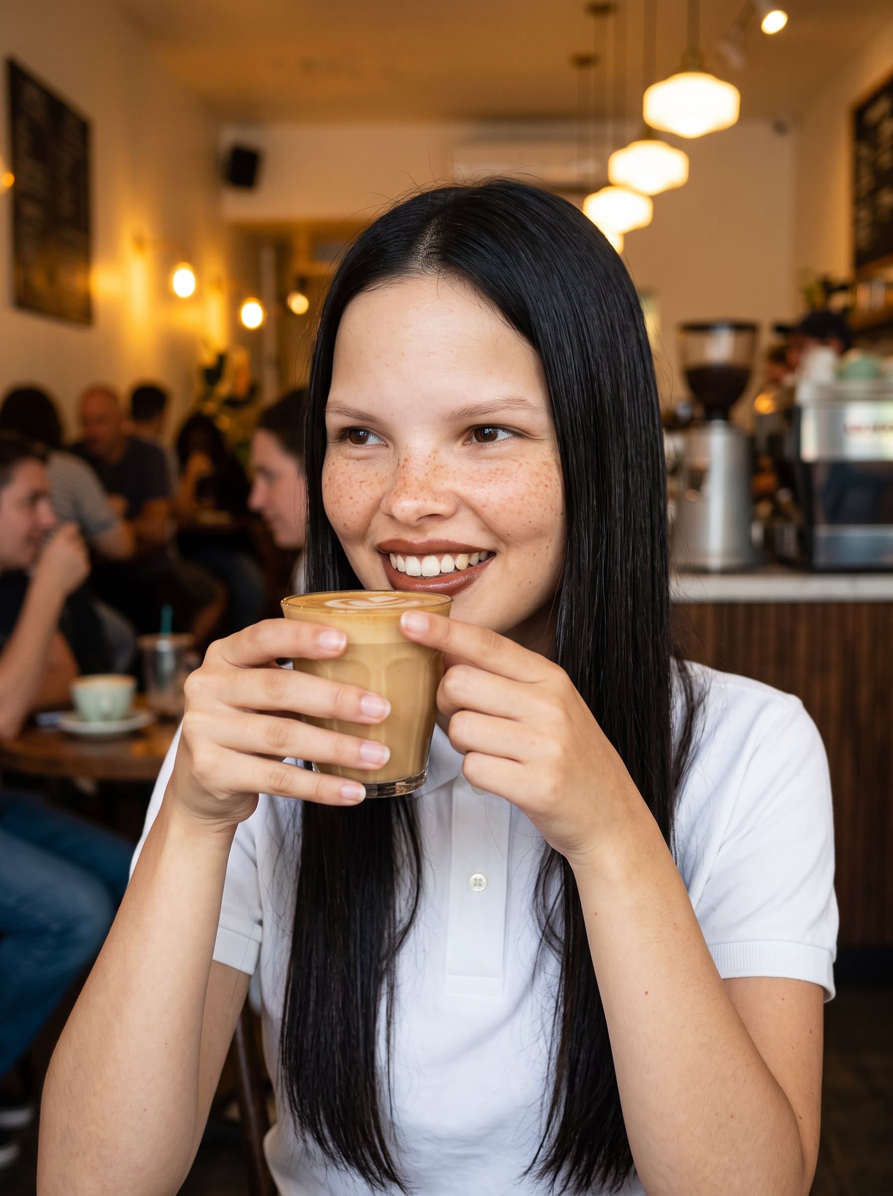 Show the at a lively coffee shop, sipping on a latte. Capture a candid moment with a gentle smile, evoking a friendly and sociable nature.
