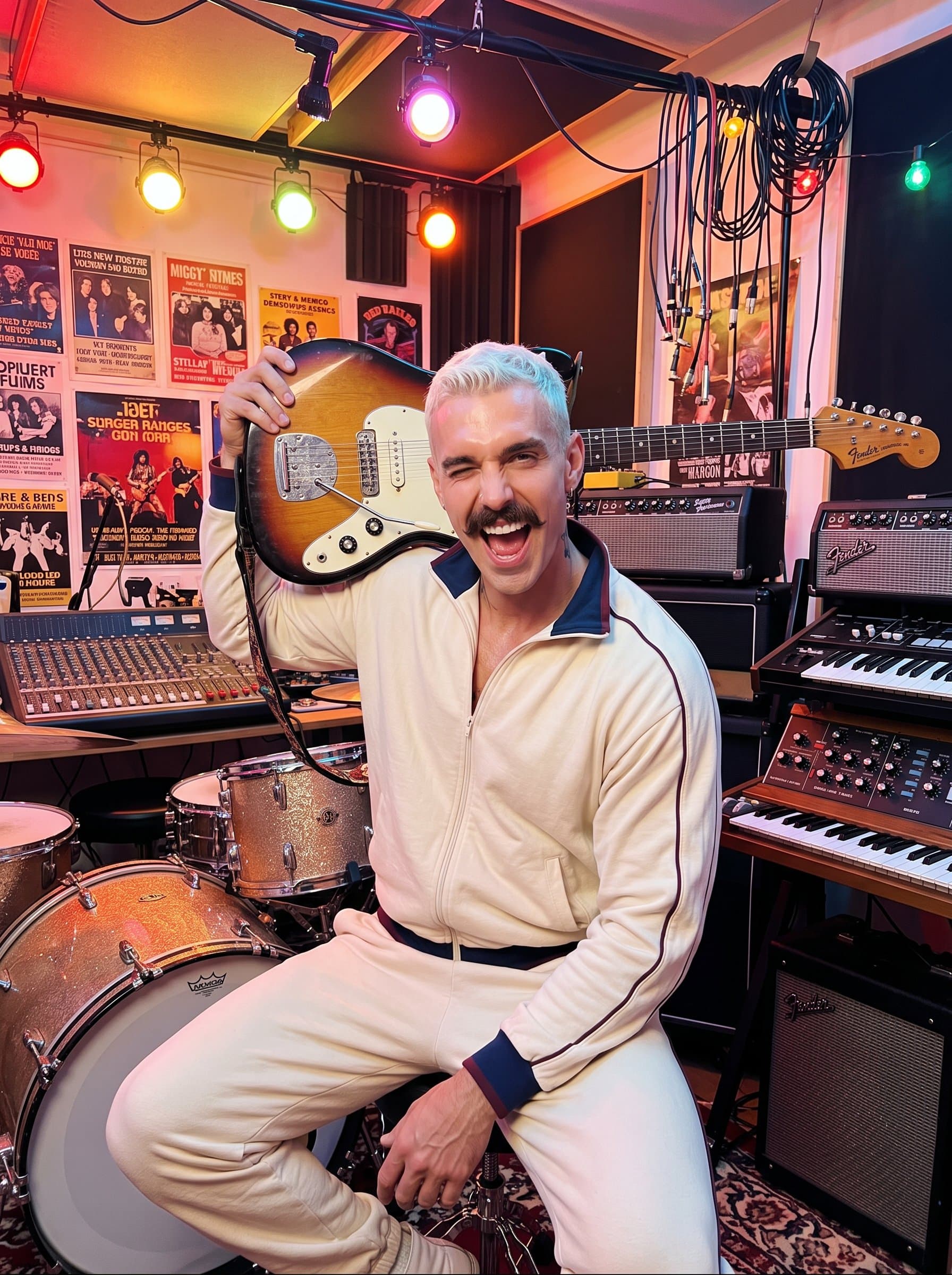 Portray the in a vibrant music studio, surrounded by instruments. A playful expression and creative setting highlight a love for music and an energetic personality.