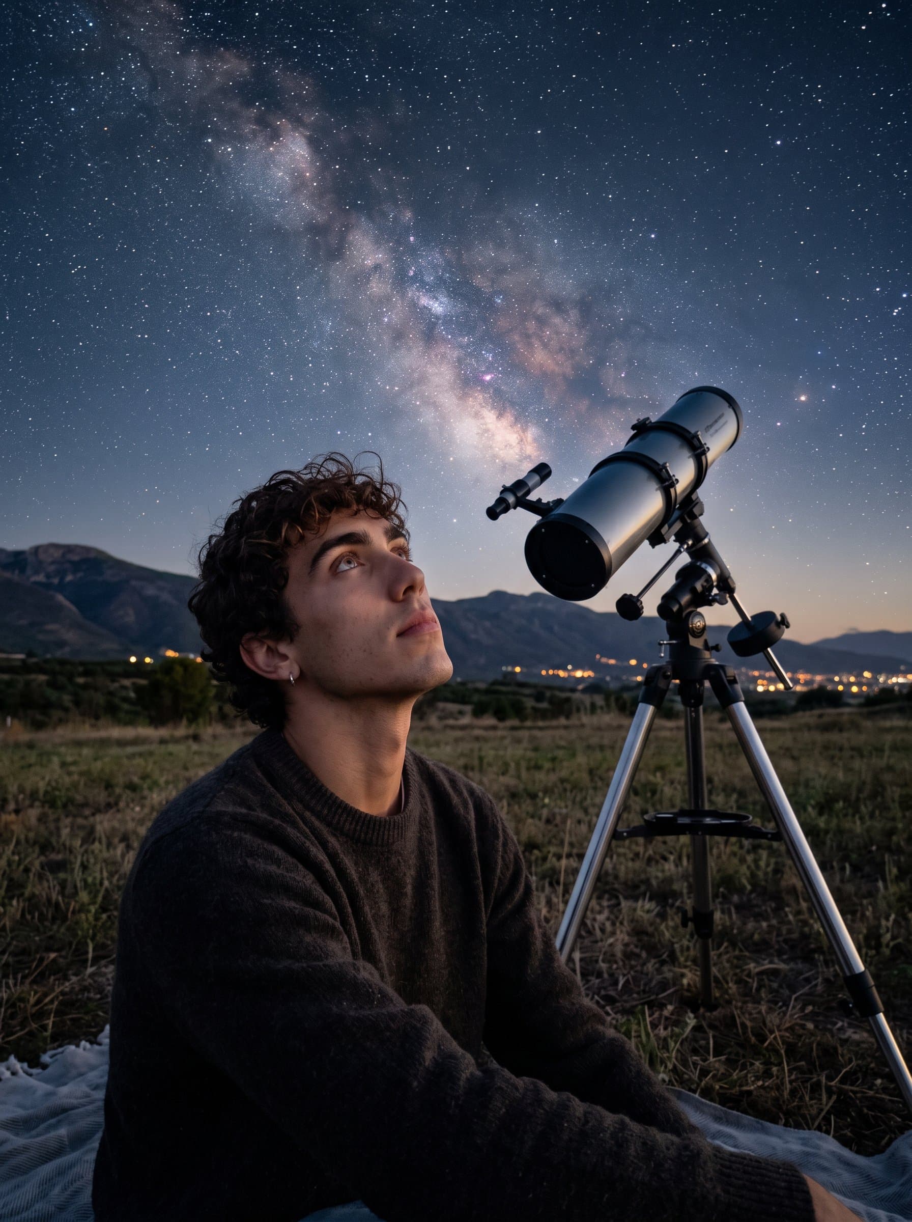 Show the under a starry night sky, with a telescope nearby. A dreamy gaze upward reflects a passion for astronomy and a thoughtful, introspective personality.