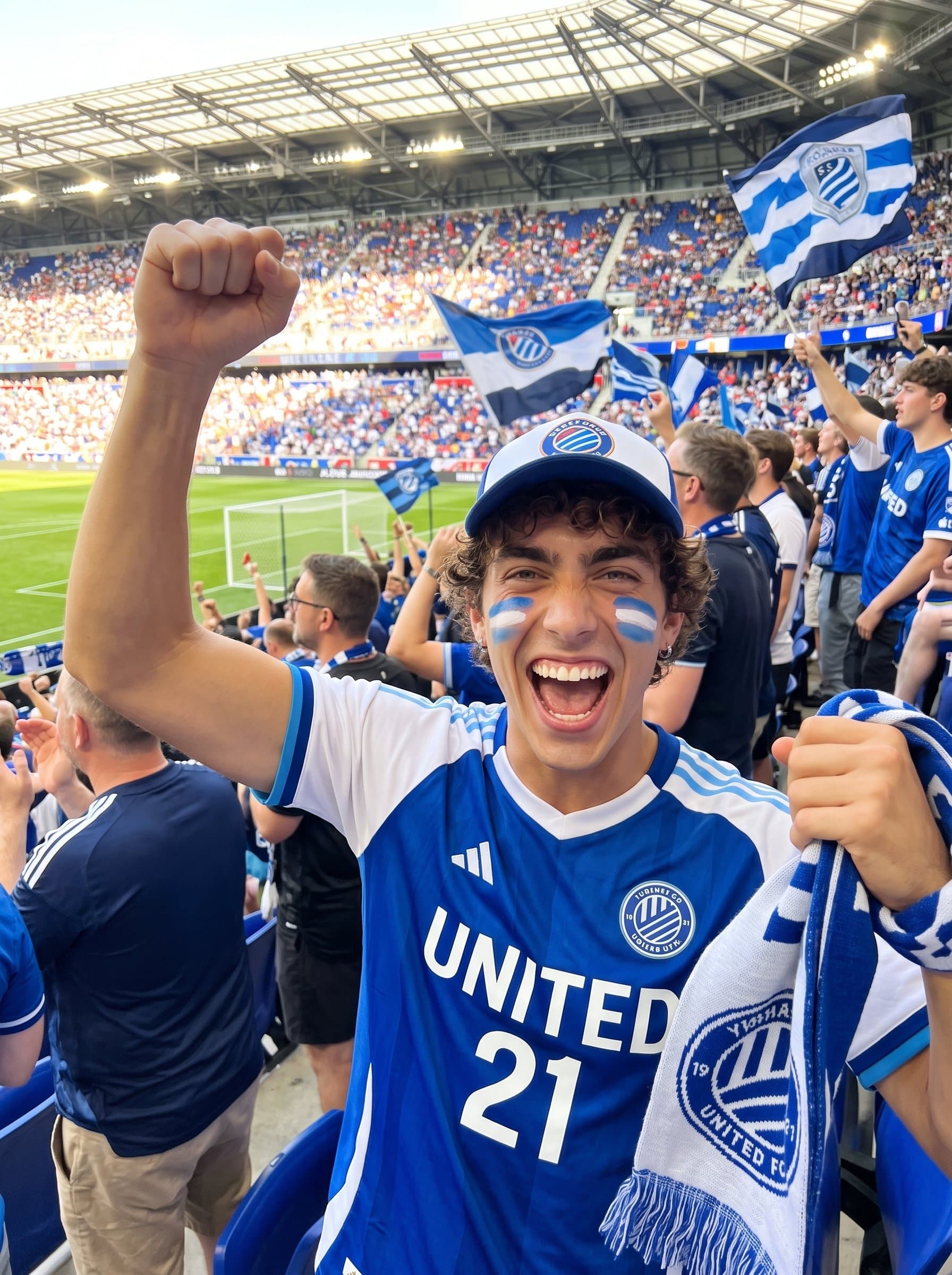 Capture the at a lively sports event, dressed in team colors. A cheerful expression and enthusiastic pose suggest a sporty, energetic, and team-oriented nature.