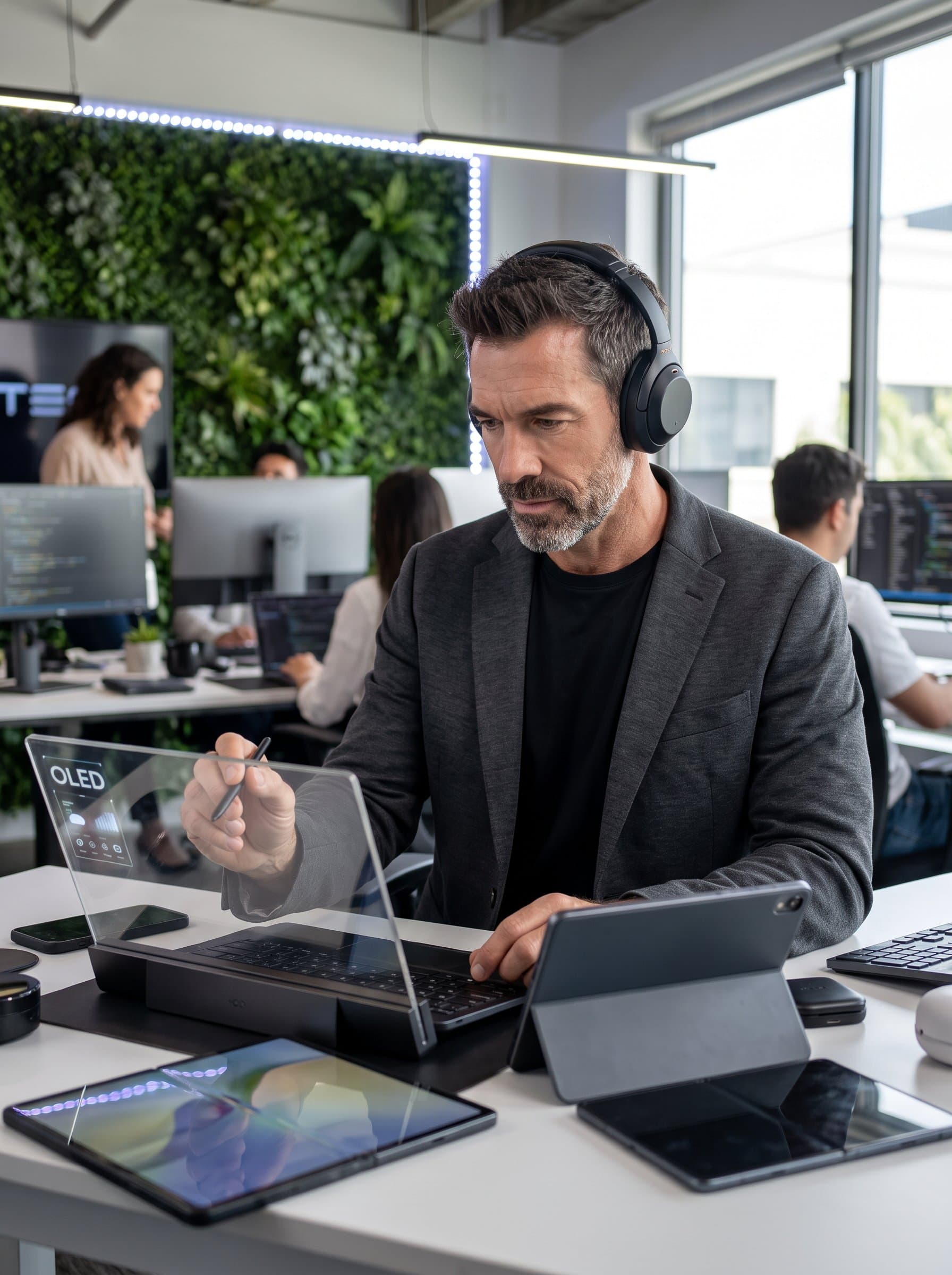 Capture the in a bustling tech workspace, using advanced gadgets. The innovative setting and focused expression suggest a forward-thinking and tech-savvy man.