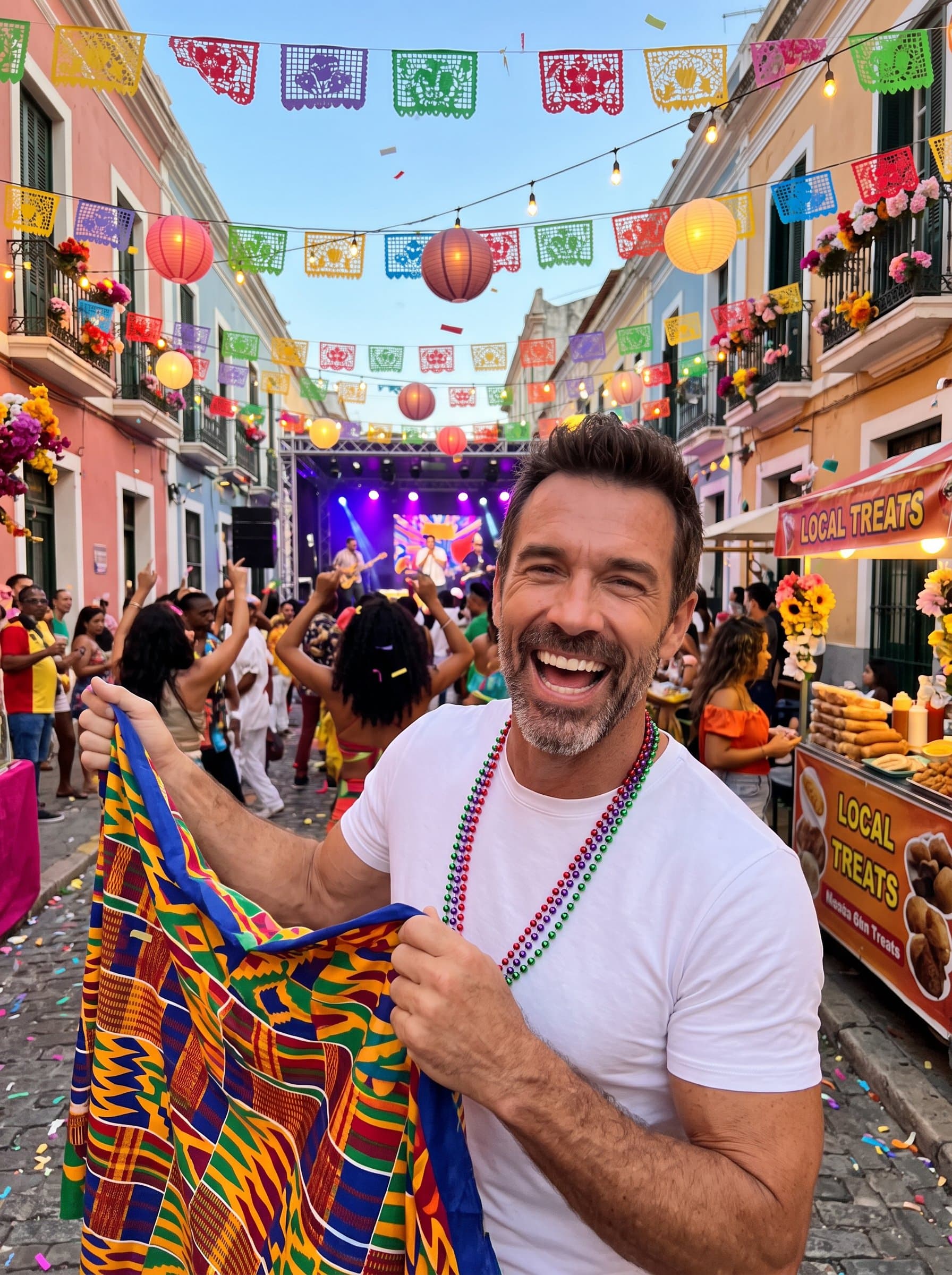 Portray the at a lively street festival, surrounded by colorful decorations. A joyful expression and dynamic setting convey an appreciation for culture and celebration.