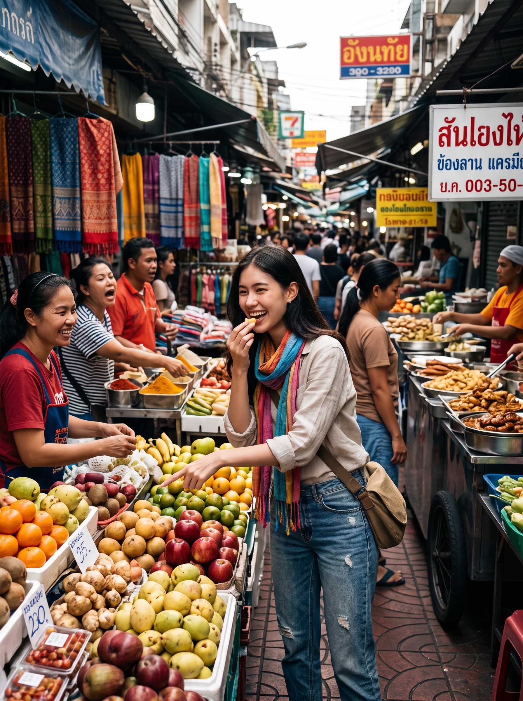 Highlight the at a bustling city market, engaging with vendors. The lively atmosphere and interactive pose suggest an outgoing and culturally curious character.