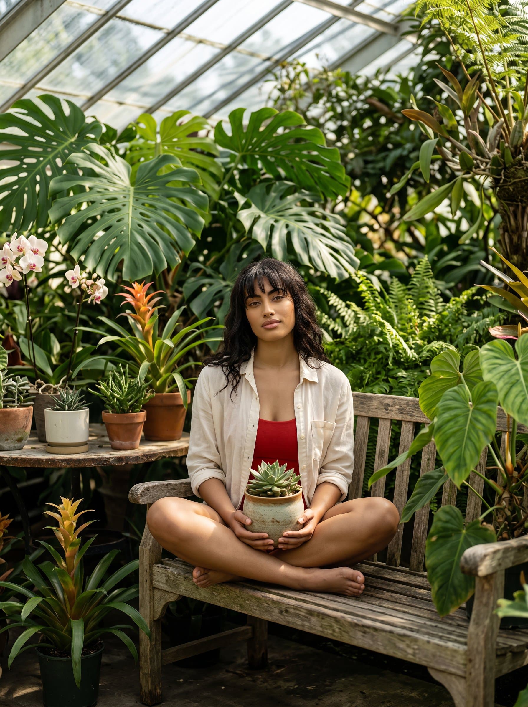 Highlight the in a botanical garden, surrounded by exotic plants. The lush scenery and serene expression convey a love for nature and an eco-conscious mindset.