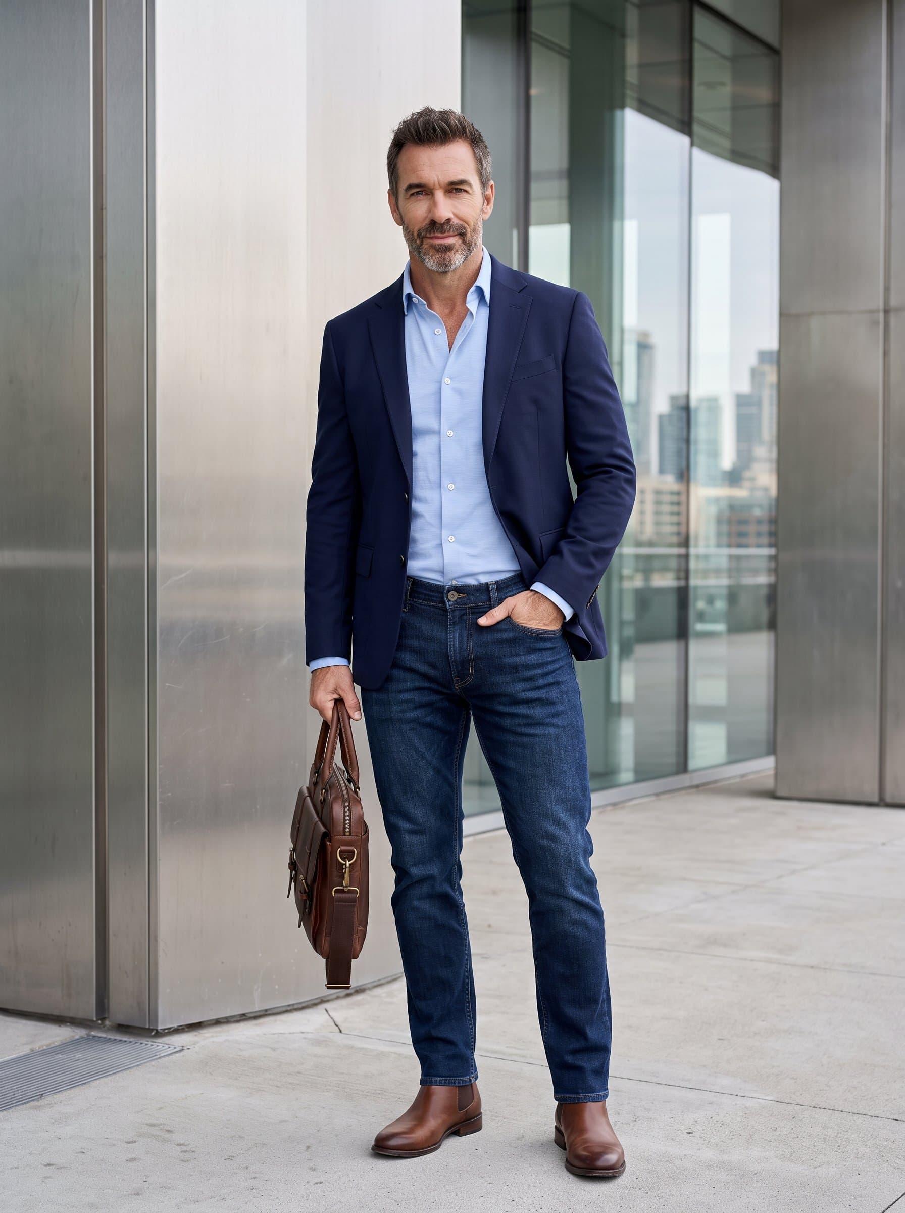 Highlight the against a minimalist urban backdrop, dressed in smart-casual attire. A confident pose with direct eye contact conveys a professional yet relaxed demeanor.