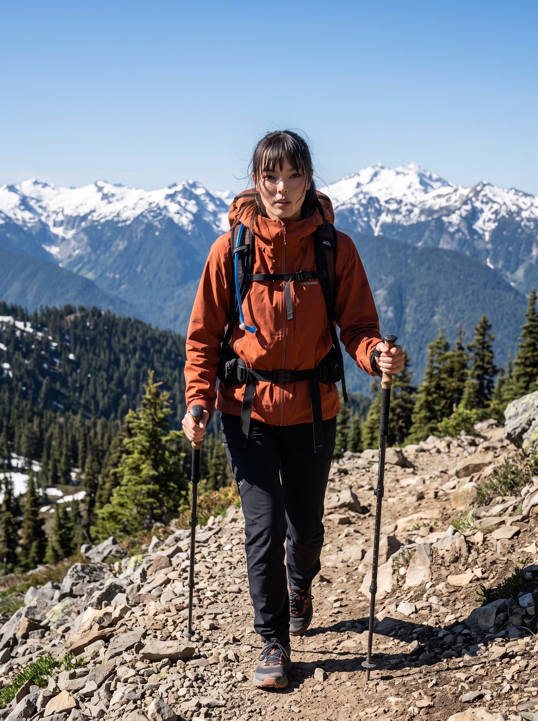 Feature the on a scenic mountain trail, dressed in hiking gear. A determined look and rugged setting convey an adventurous and nature-loving spirit.
