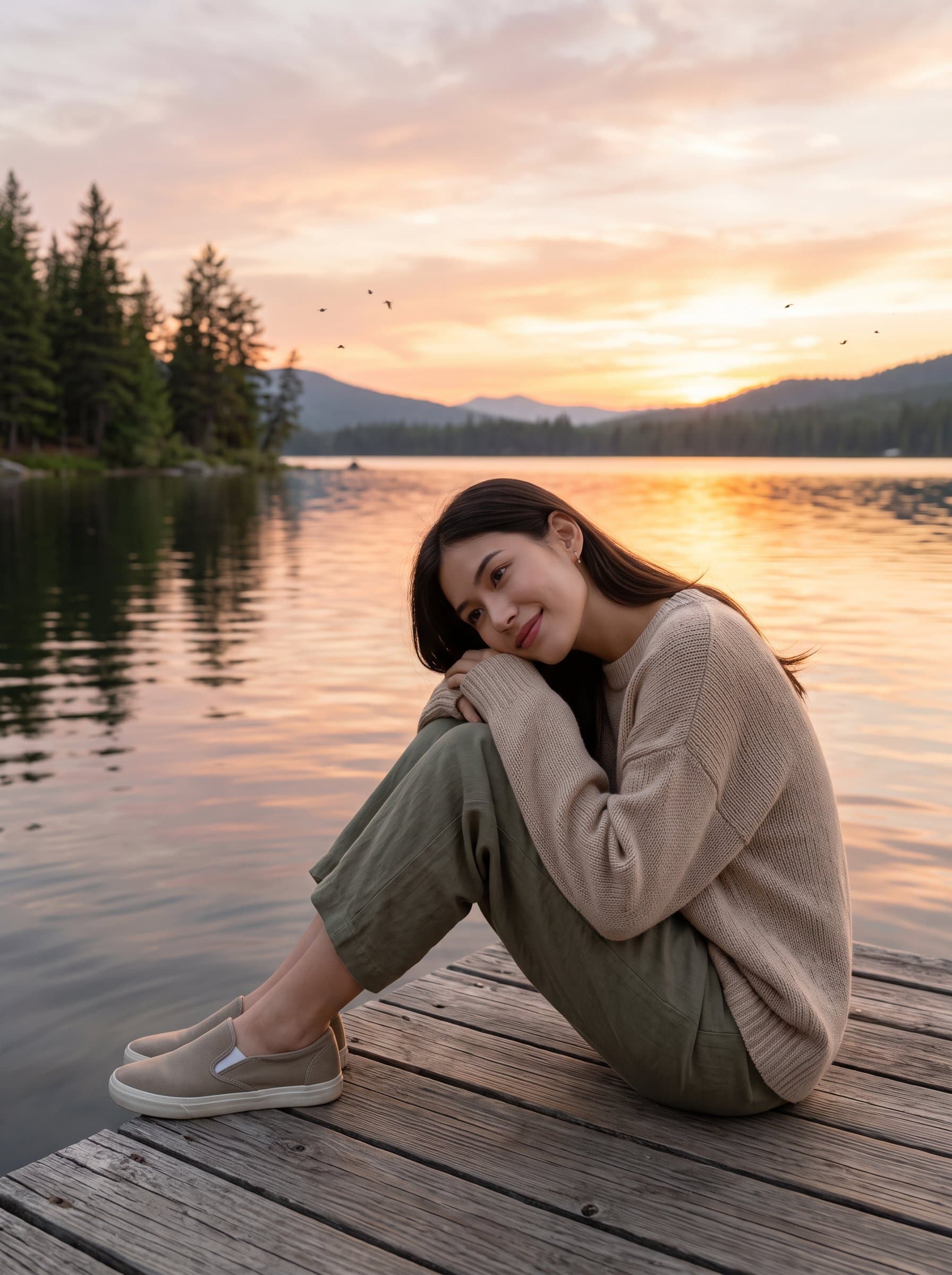 Feature the by a serene lakeside at sunset, dressed in casual, comfortable clothes. The tranquil setting and relaxed posture suggest a calm and laid-back character.