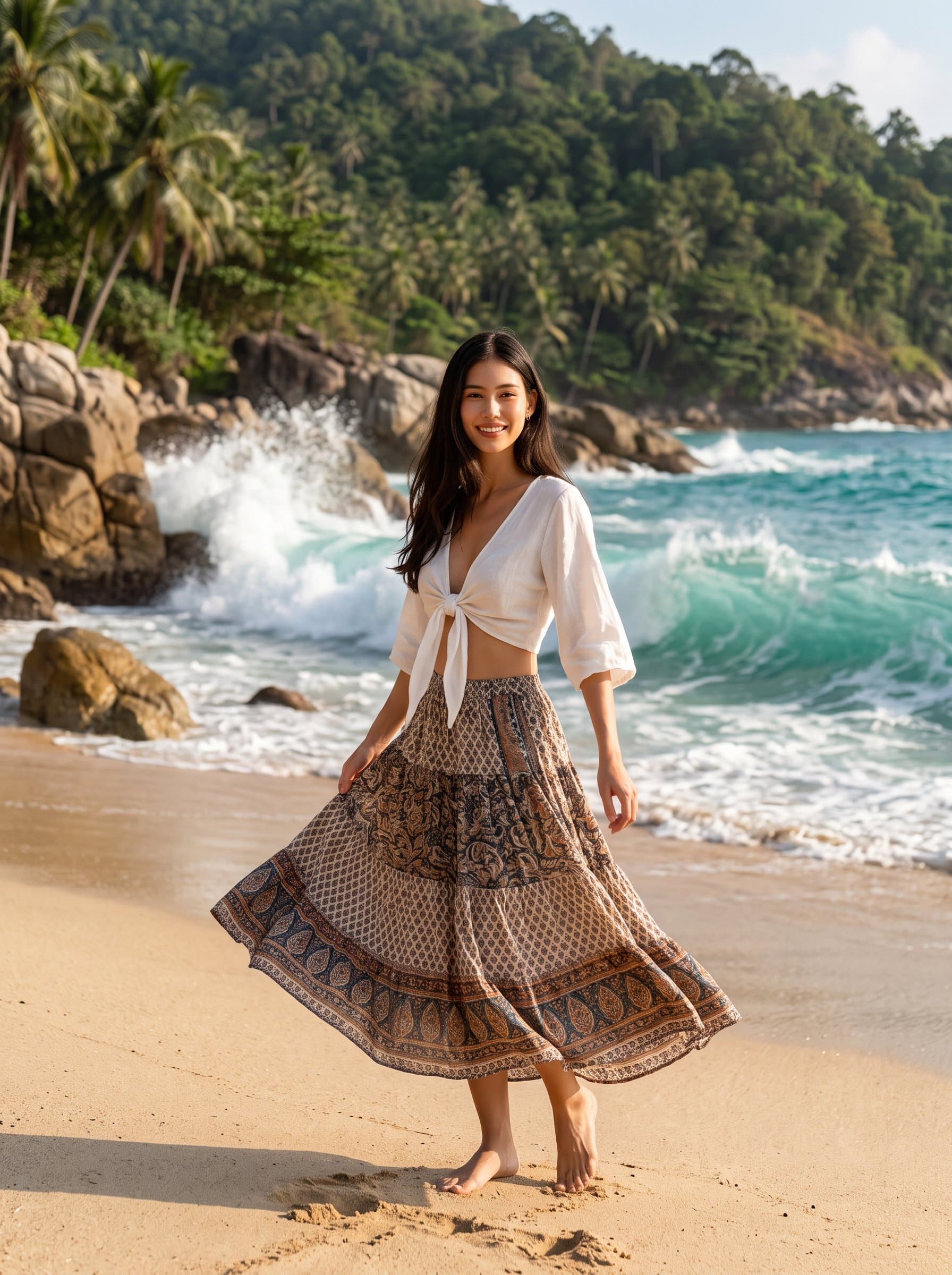 Feature the at an exotic beach, with waves crashing in the background. Casual beachwear and a carefree pose suggest a love for travel and a free-spirited nature.