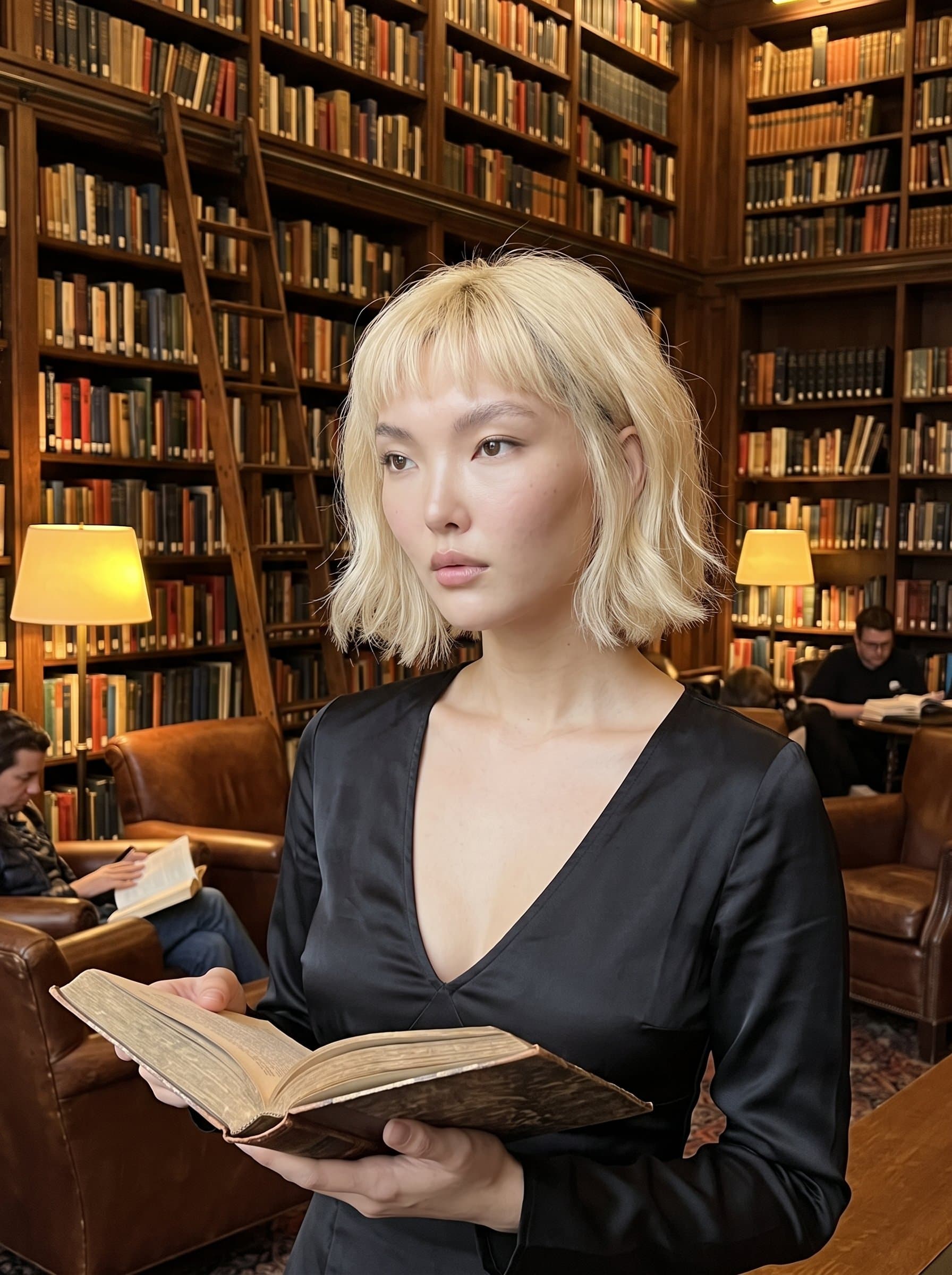 Highlight the in a sophisticated library, amidst towering shelves of books. The intellectual environment and contemplative expression reflect a love for learning.