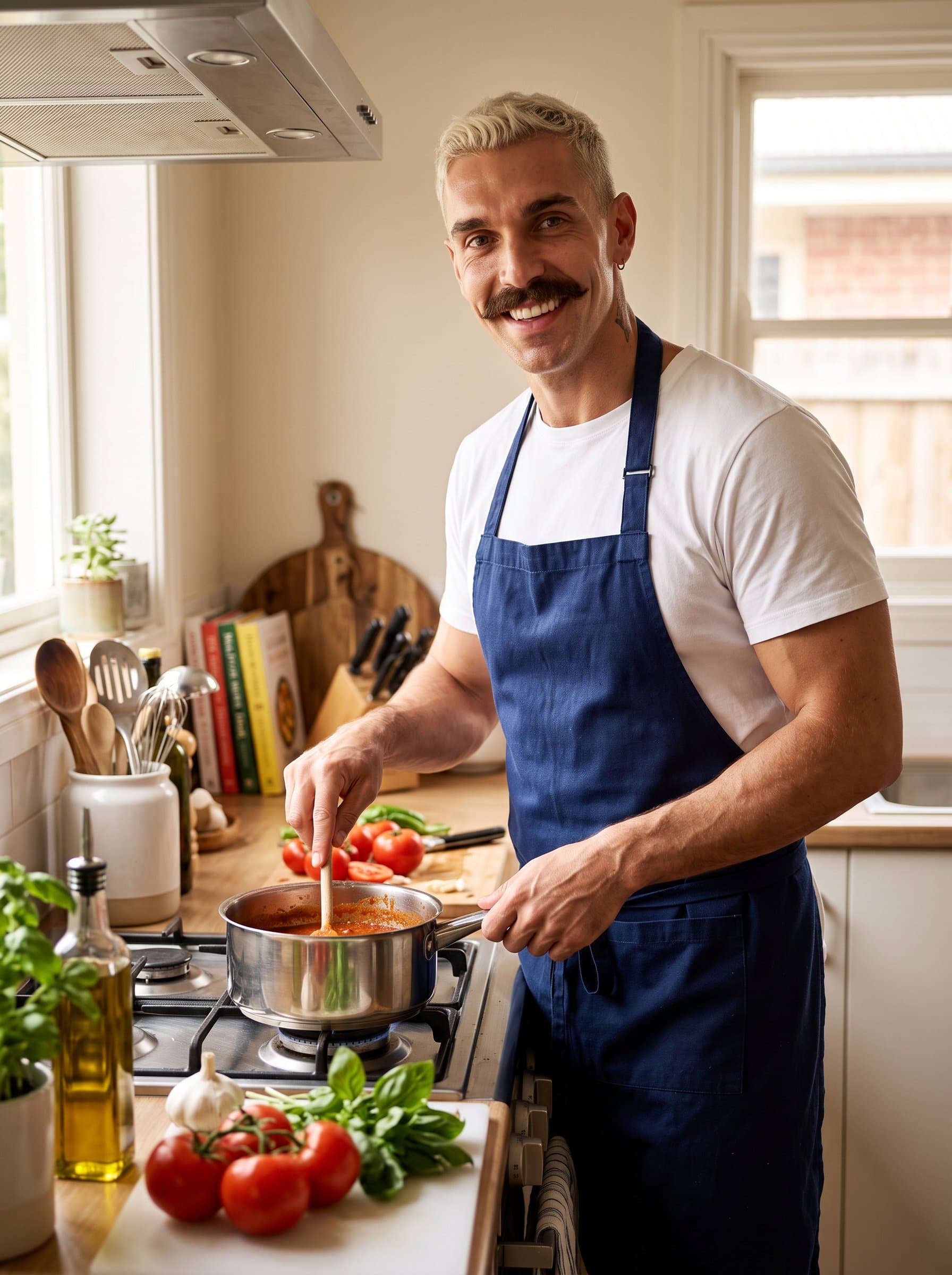 Capture the in a home kitchen, surrounded by fresh ingredients. A confident smile while cooking showcases a culinary passion and a warm, inviting personality.