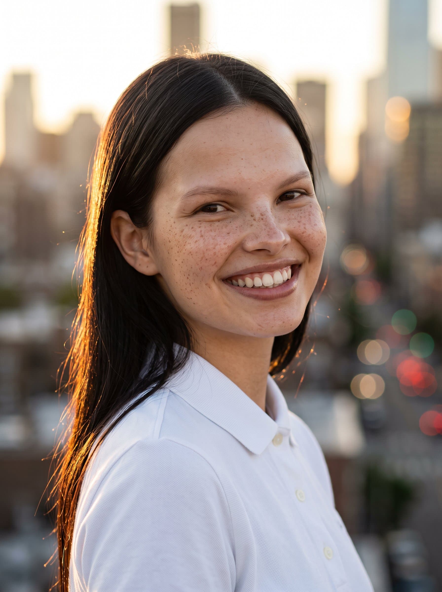 : Capture a photorealistic headshot with golden hour lighting, highlighting the woman's radiant smile and joyful expression. Use a blurred urban skyline in the background for a modern and cosmopolitan vibe.