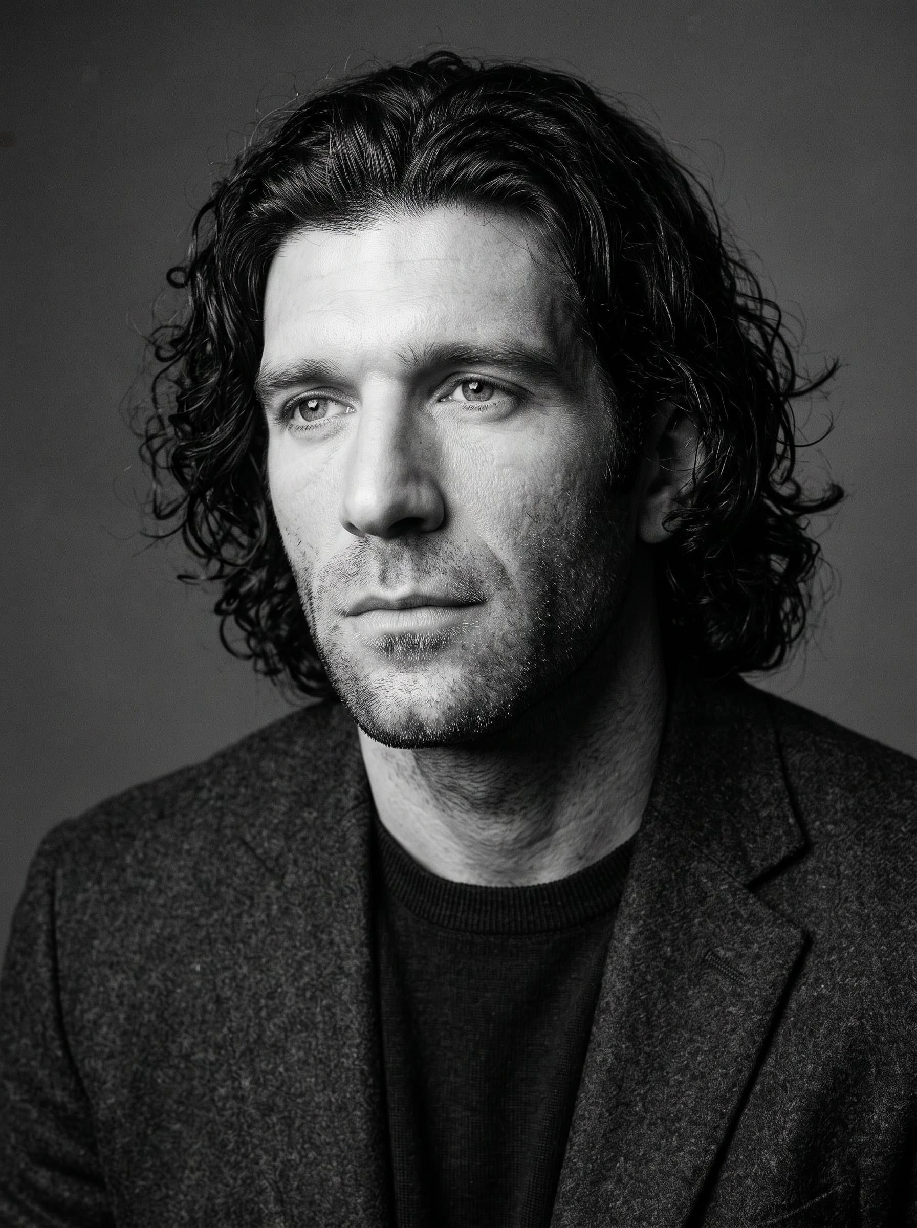 : Create a classic black and white headshot with soft side lighting to emphasize the man's contemplative expression. A simple studio backdrop enhances the timeless and professional aesthetic.