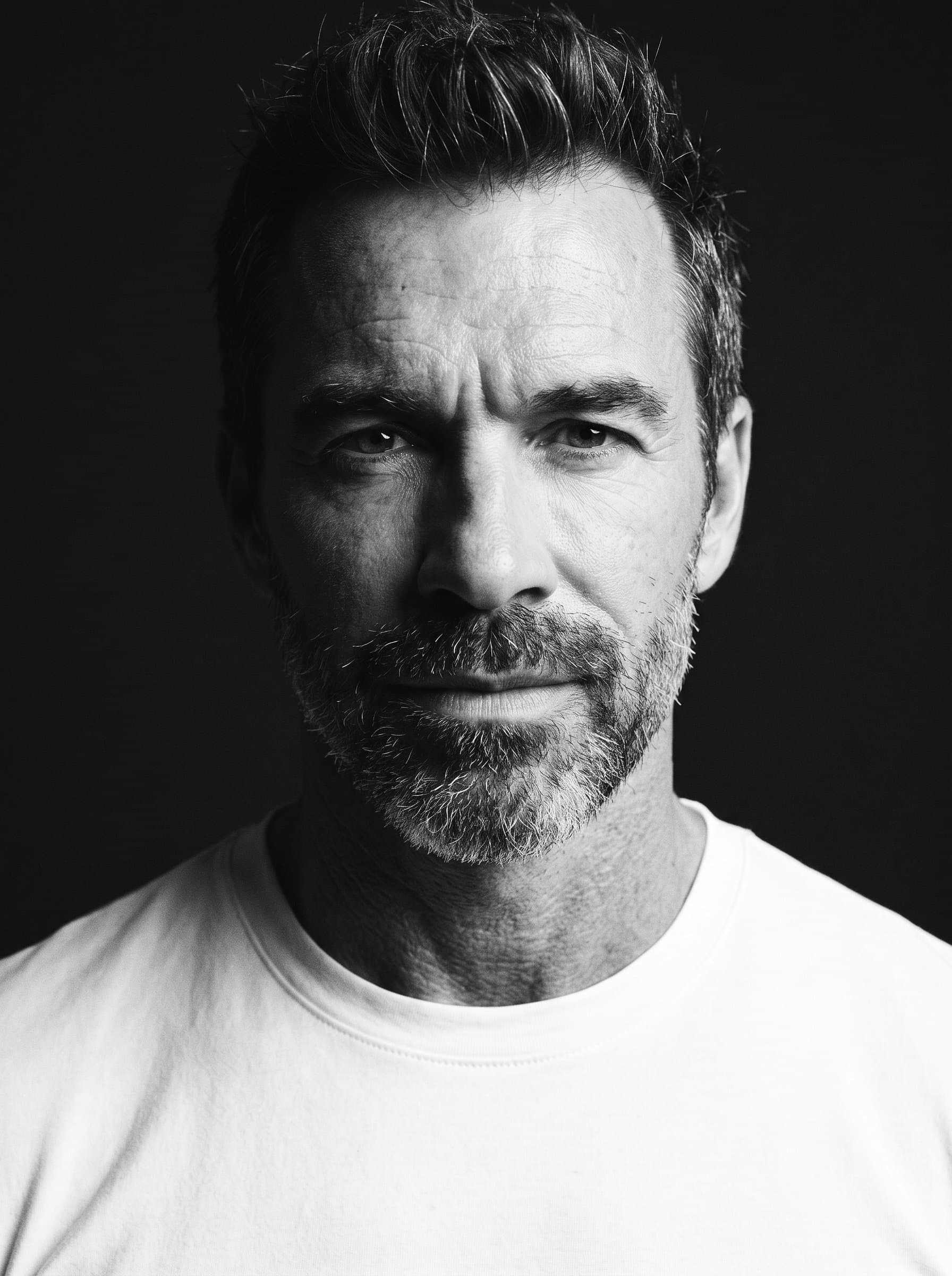 : Craft a high-contrast headshot with dramatic lighting to accentuate the man's intense and powerful gaze. The minimalist dark background adds to the mysterious and bold look.