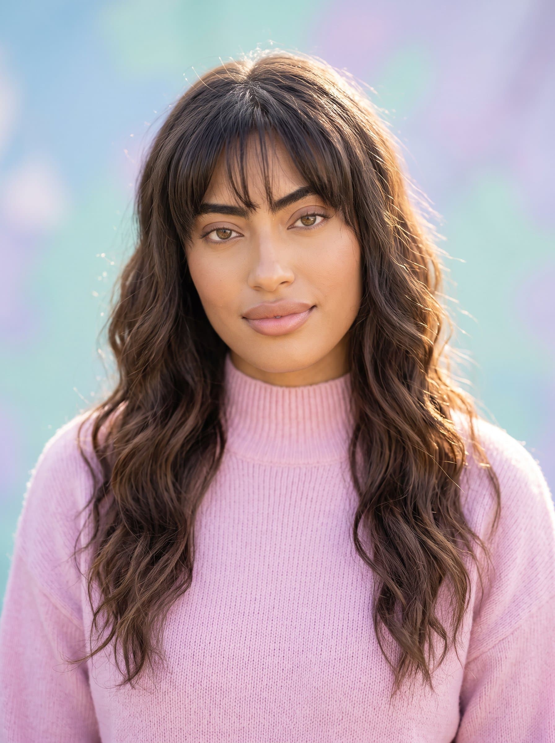 : Create a headshot with soft pastel tones and a dreamy bokeh background. The woman should have a gentle, thoughtful expression, ideal for those with a calm and serene online presence.