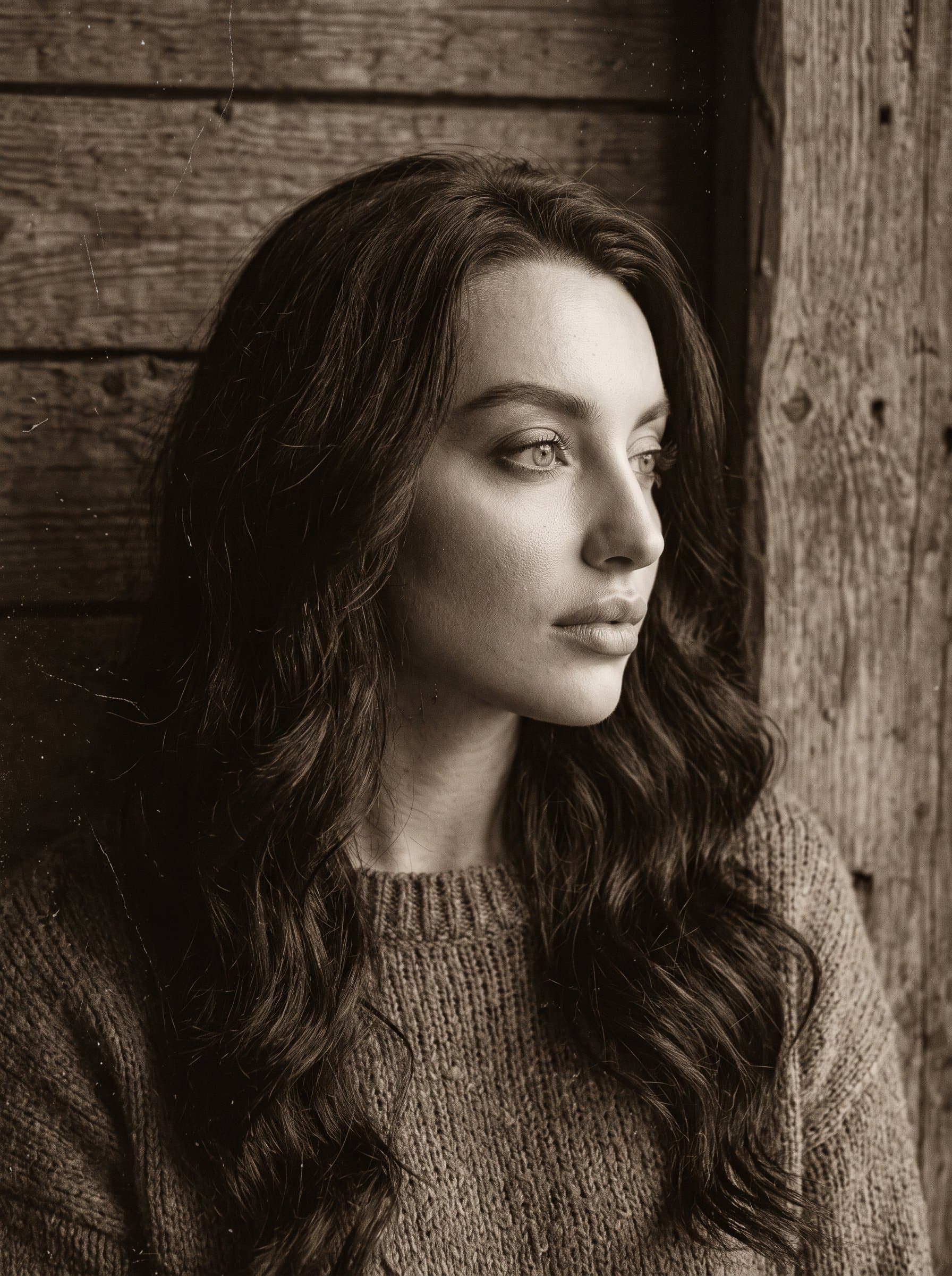 : Generate a textured, sepia-toned headshot with the woman gazing thoughtfully into the distance. The rustic wooden background complements a vintage, storyteller aesthetic.