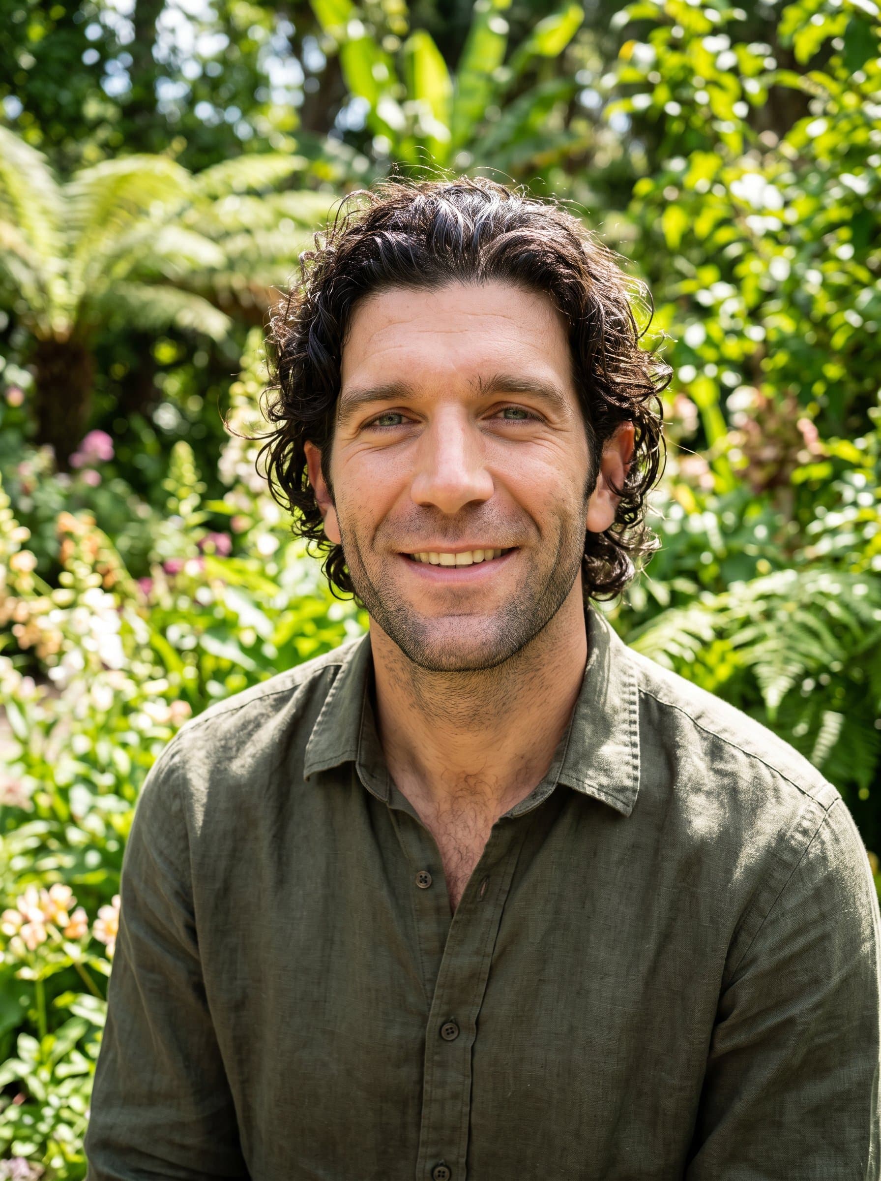 : Generate a vibrant headshot with a lush, green garden background, capturing the man's relaxed and approachable demeanor. Use natural light to create a fresh, eco-friendly image suitable for nature enthusiasts.