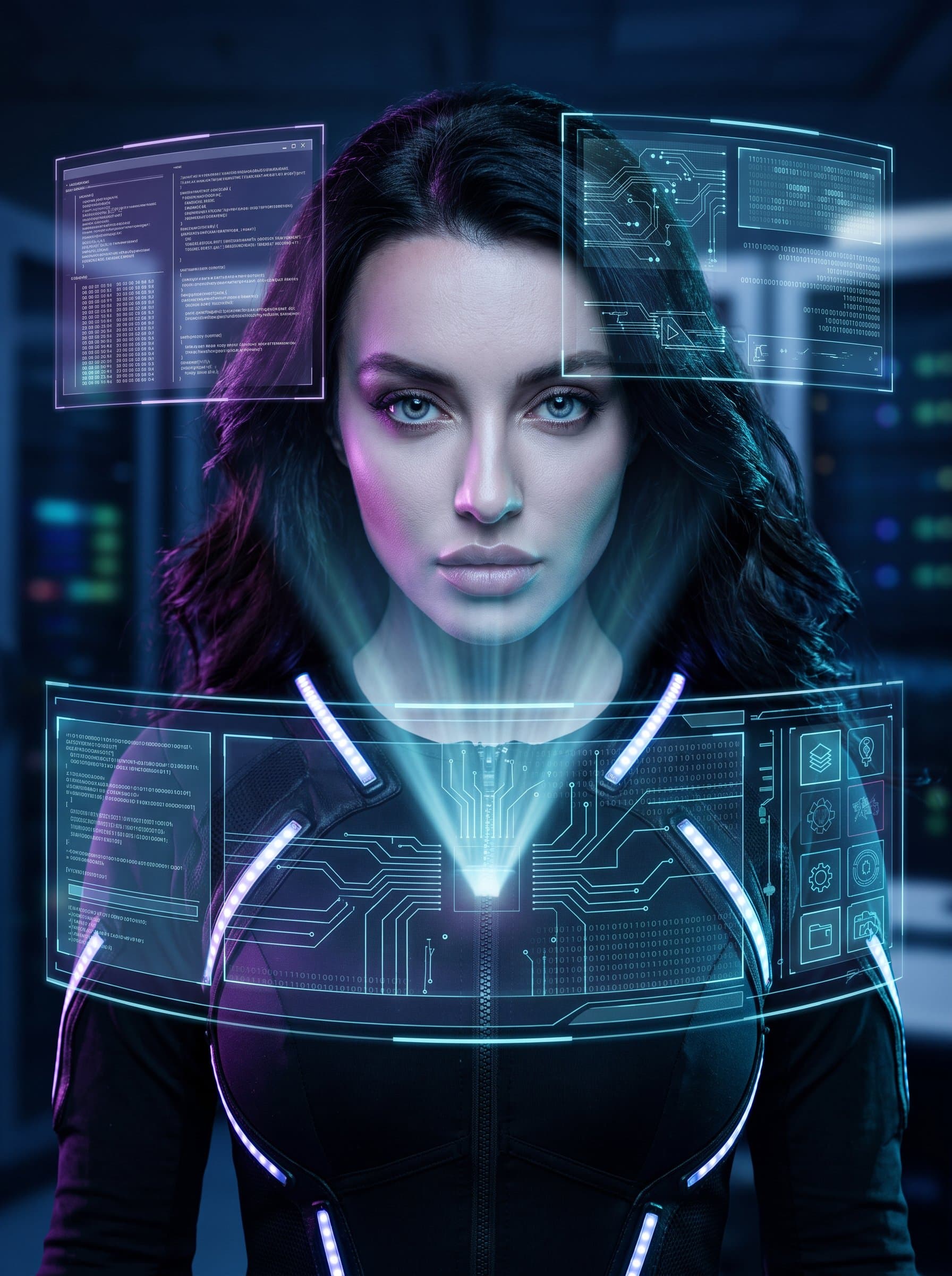 : Produce a futuristic headshot with cool-toned lighting and digital holographic effects surrounding the woman. The expression should be focused and determined, perfect for tech-savvy influencers.