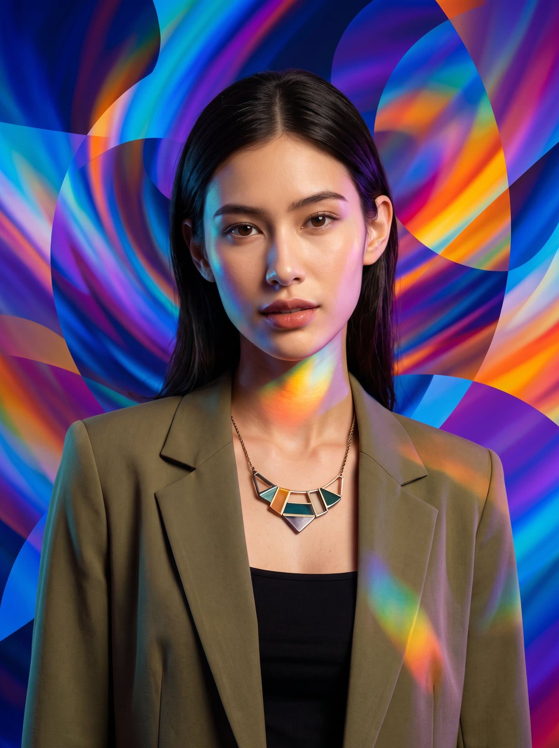 : Design an artistic headshot featuring dynamic colors and abstract shapes in the background. The woman should have a confident and intriguing expression, reflecting a creative and innovative personal brand.